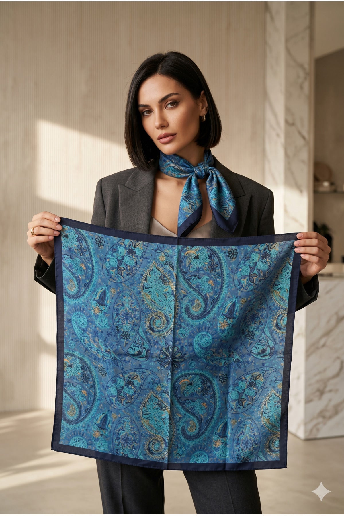 Kadın Desenli Saten Boyun Fuları Bandana 70x70 Mavi Lacivert FLR2007