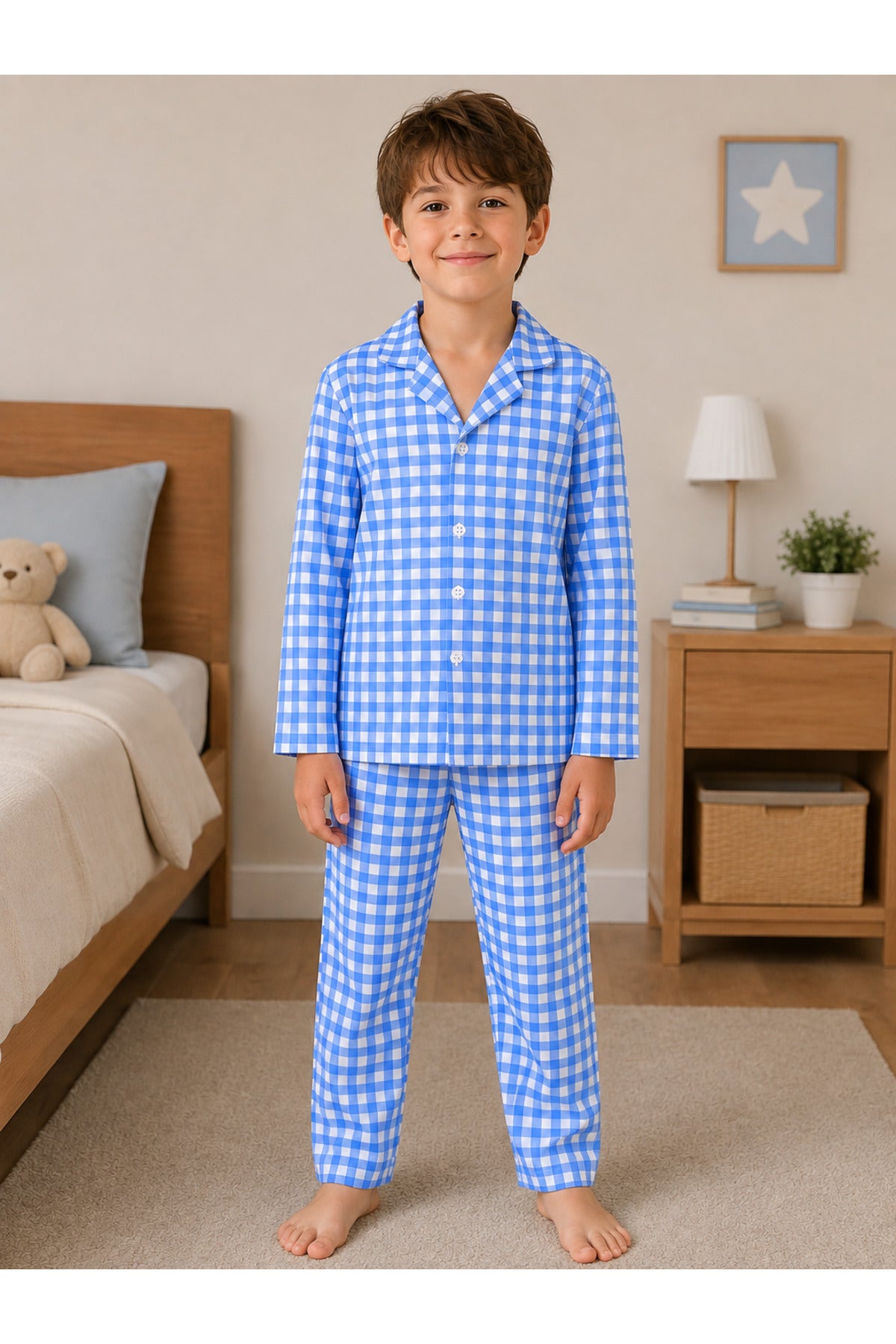 Erkek çocuk pamuklu yumuşacık düğmeli uzun kollu süet pijama takımı