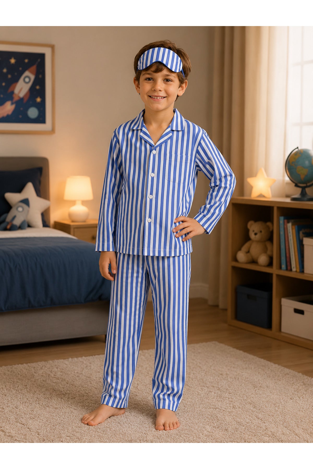 Erkek çocuk pamuklu düğmeli uzun kollu süet pijama takımı