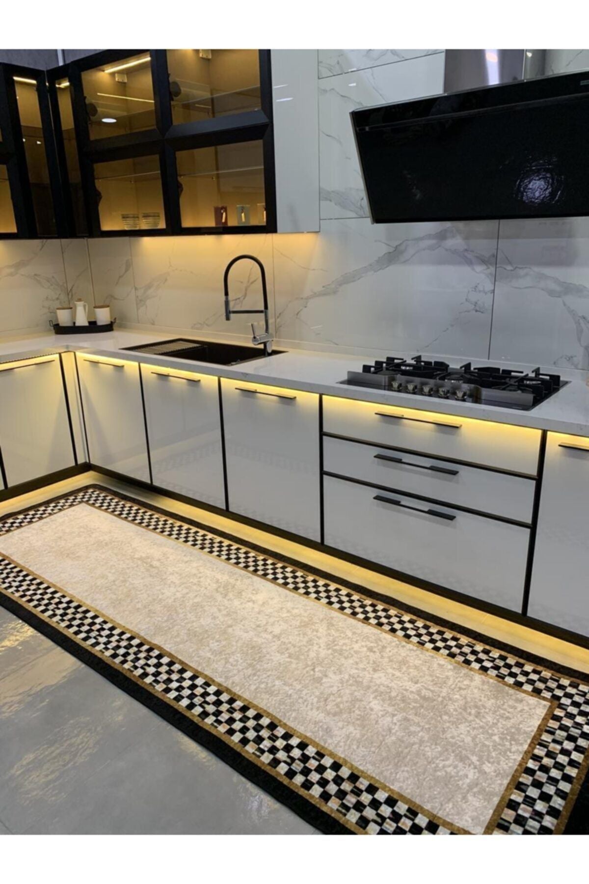 Rosen Model Damalı Kaymaz Taban Mutfak Halısı - Gri-bordo