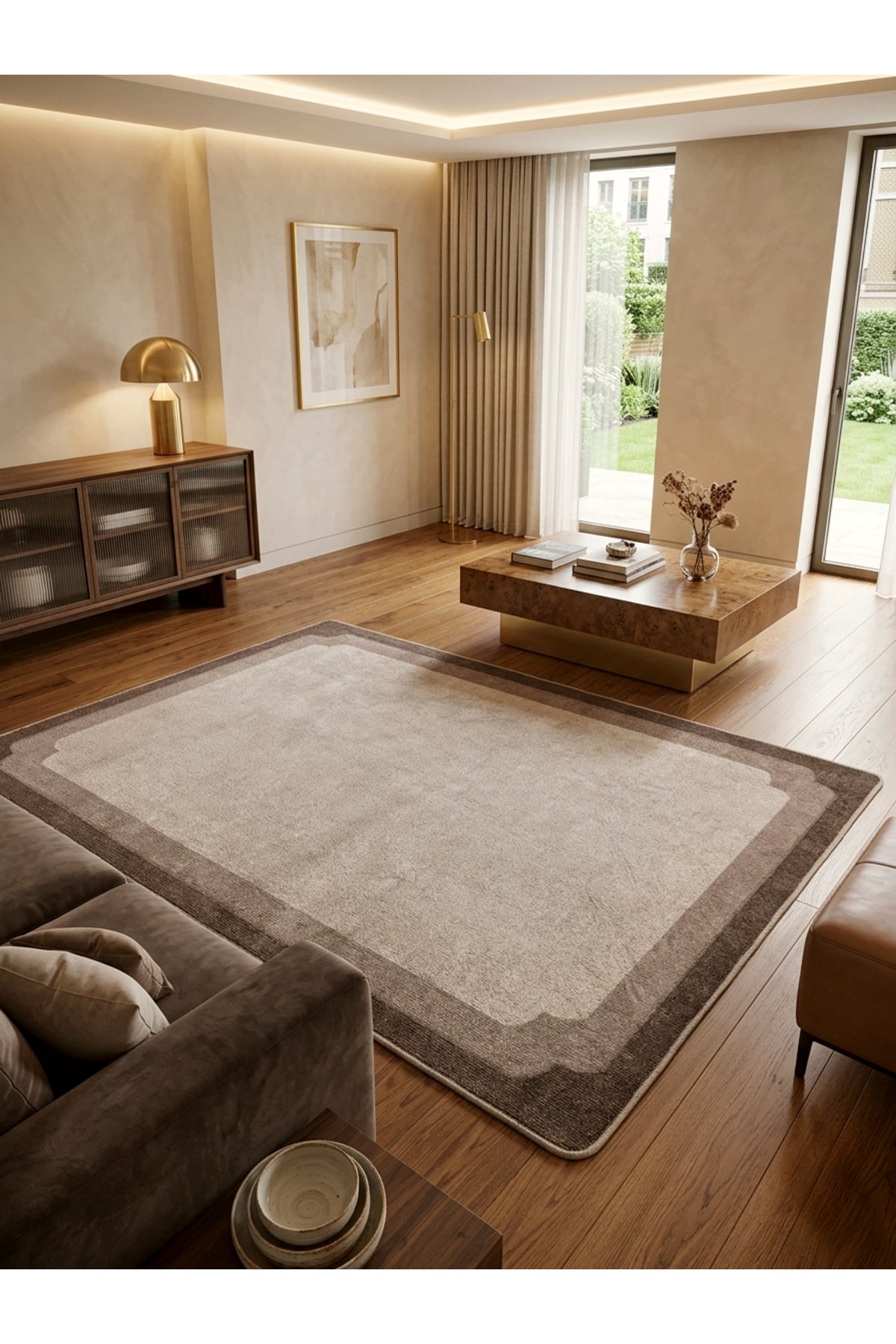 Bej Kahve Çerçeve Kenarlı Modern Desenli Lateks Taban Halı