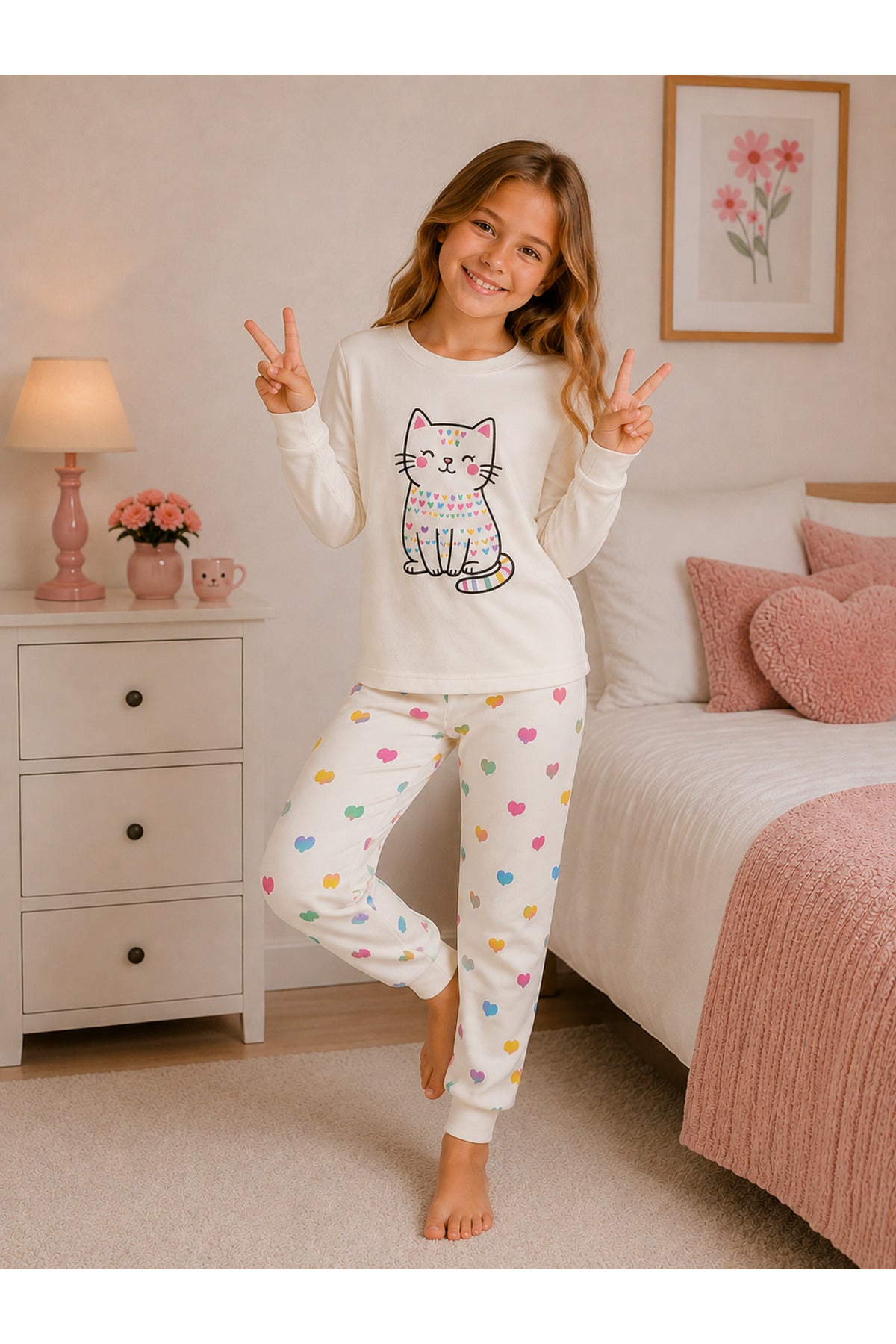 Kız çocuk %100 pamuklu sevimli kedi desenli uzun kollu kışlık pijama takımı