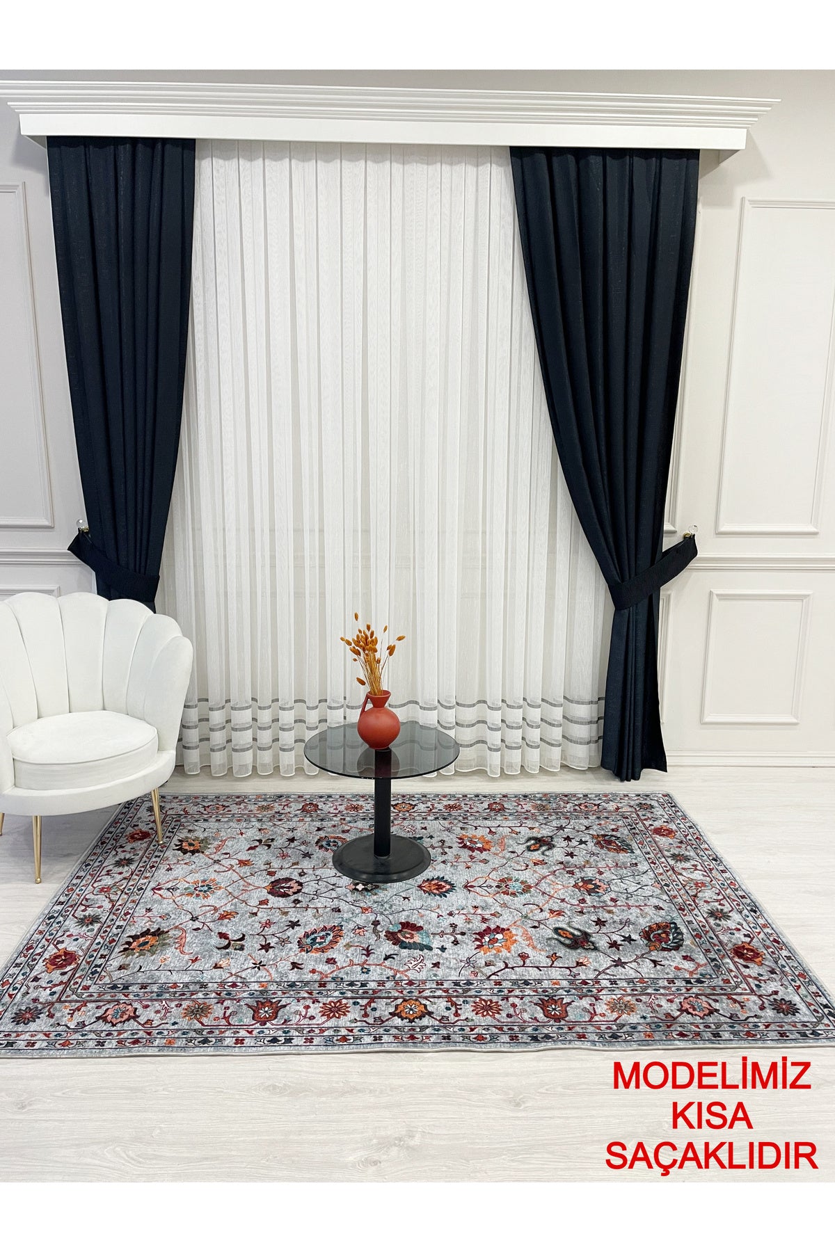 Gri Renk Vintage Çiçekli Oval Lateks Kaymaz Taban Halı