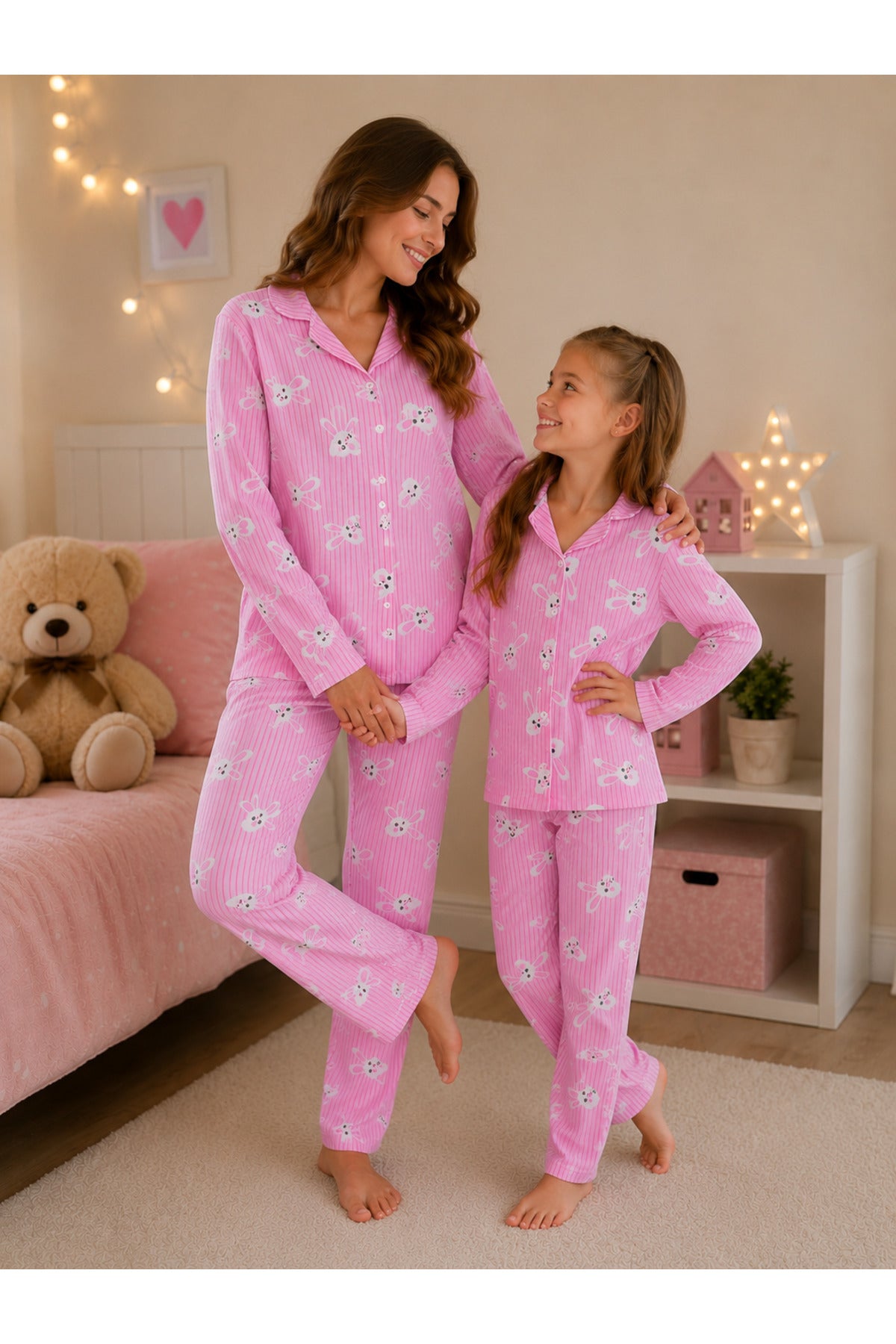 Anne kız pamuklu düğmeli uzun kollu pijama takımı ( tek takım fiyatıdır ayrı ayrı sepete ekleyip alabilirsiniz