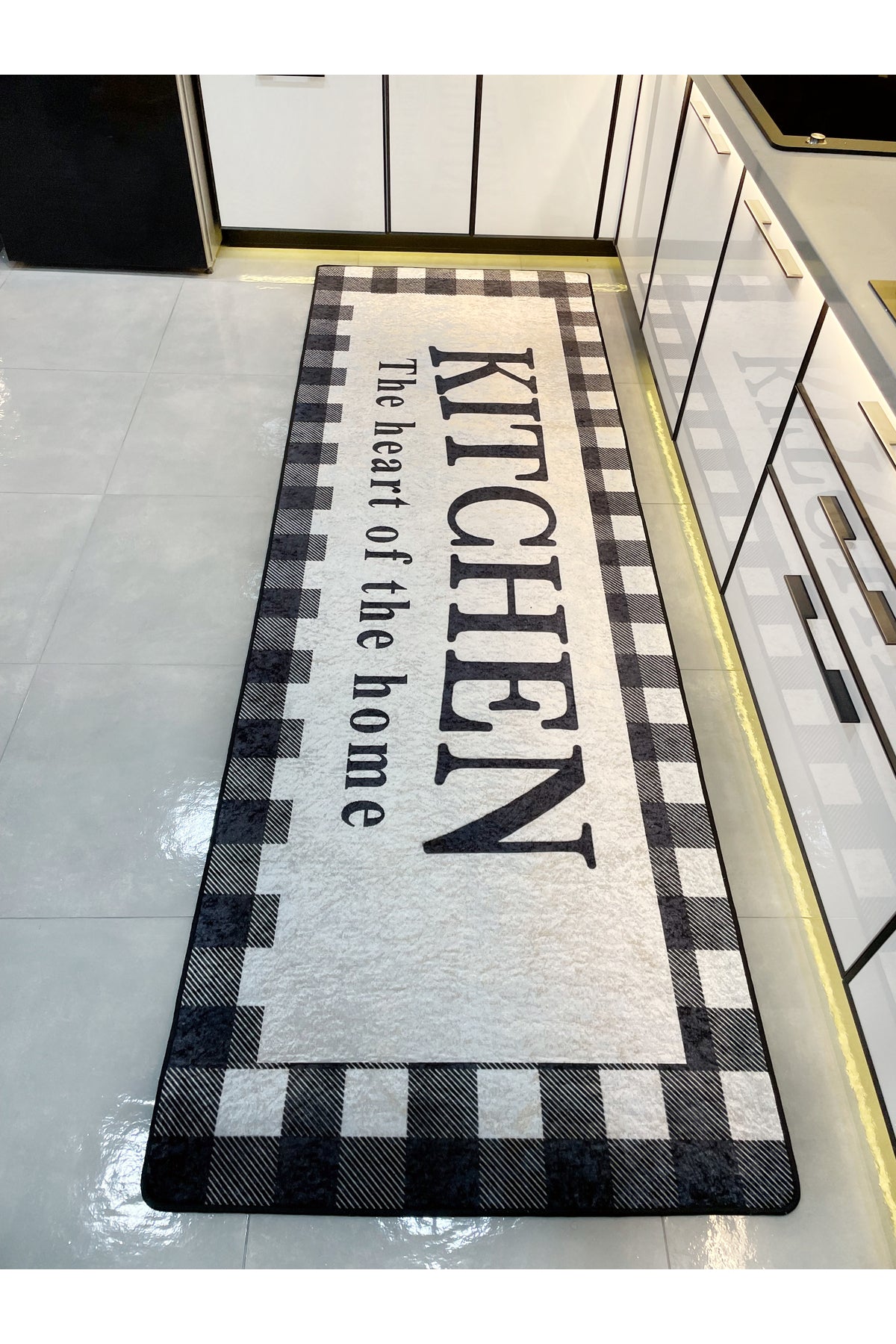 Bej Siyah Kitchen Lateks Deri Taban Mutfak Halısı