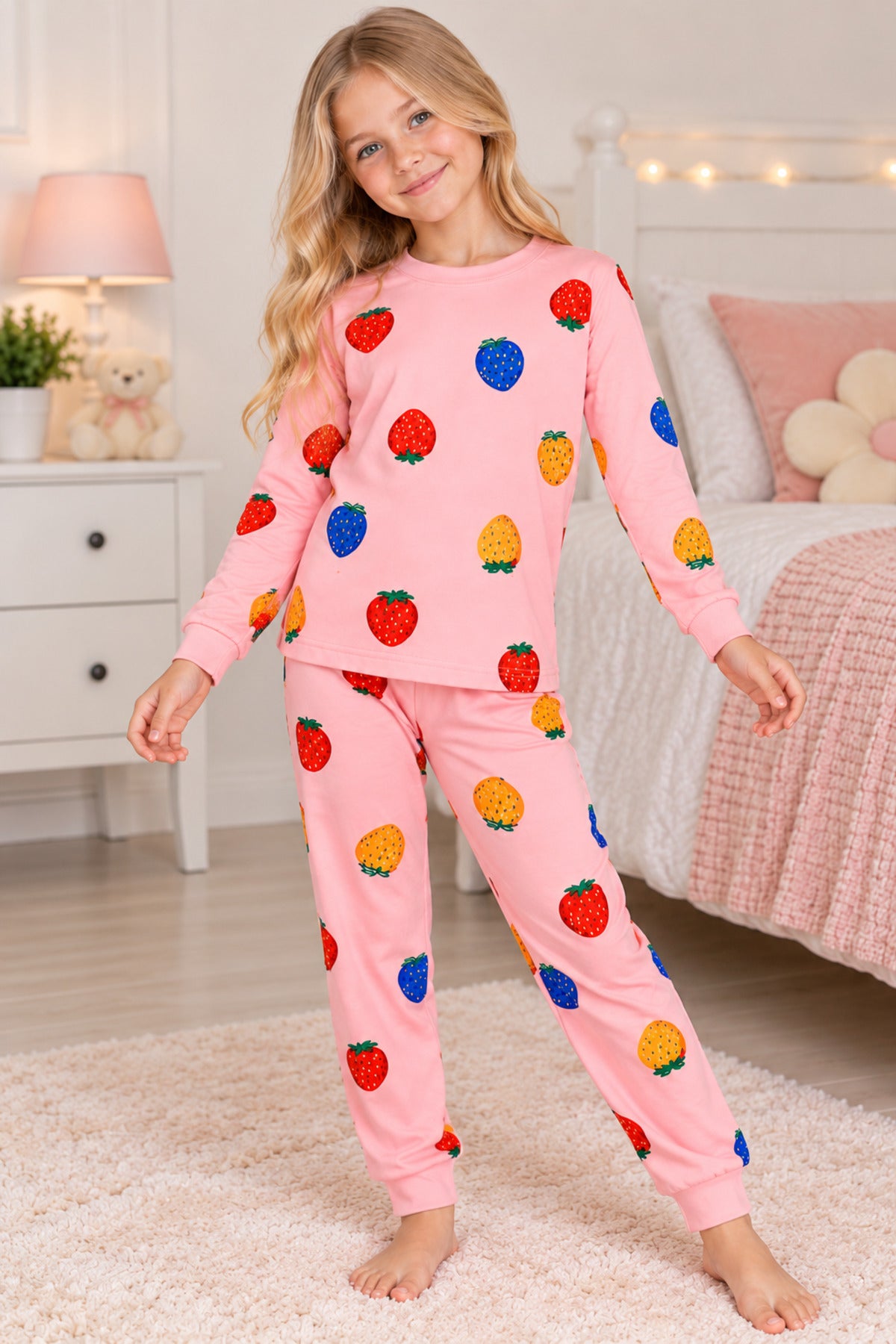 Kız çocuk %100 pamuklu renkli çilek desenli Pembe uzun kollu pijama takımı