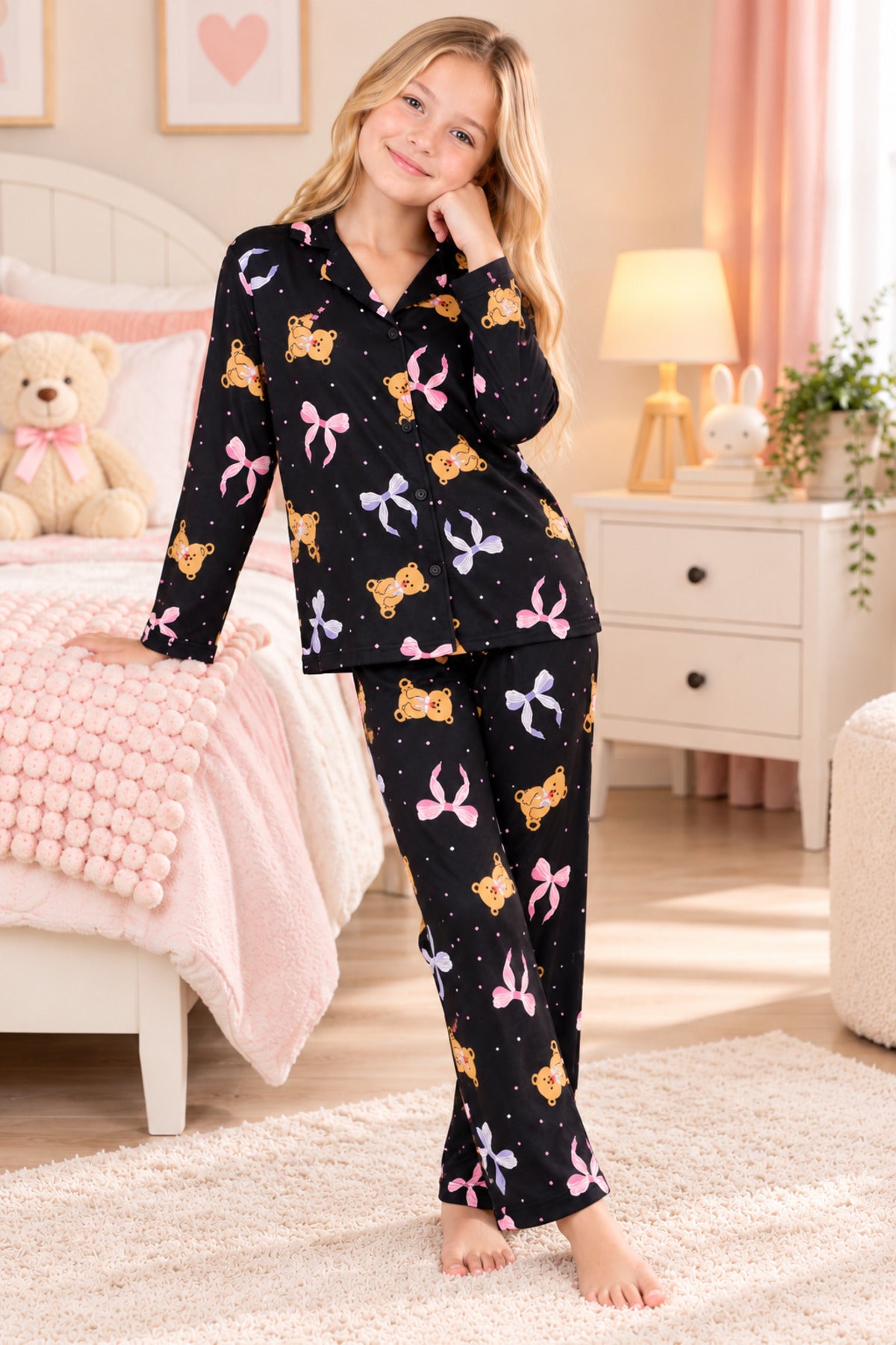 Kız çocuk pamuklu uzun kollu düğmeli pijama takımı