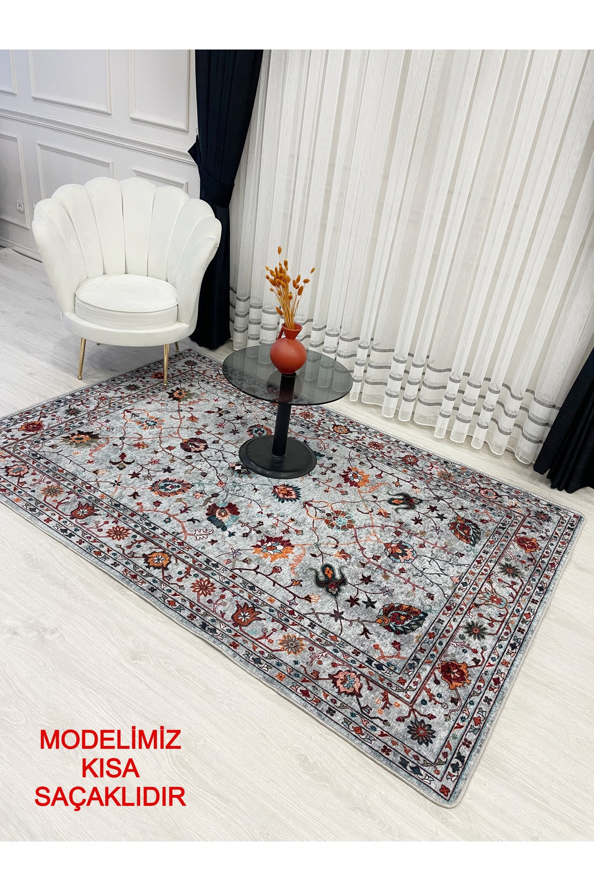 Gri Renk Vintage Çiçekli Oval Lateks Kaymaz Taban Halı