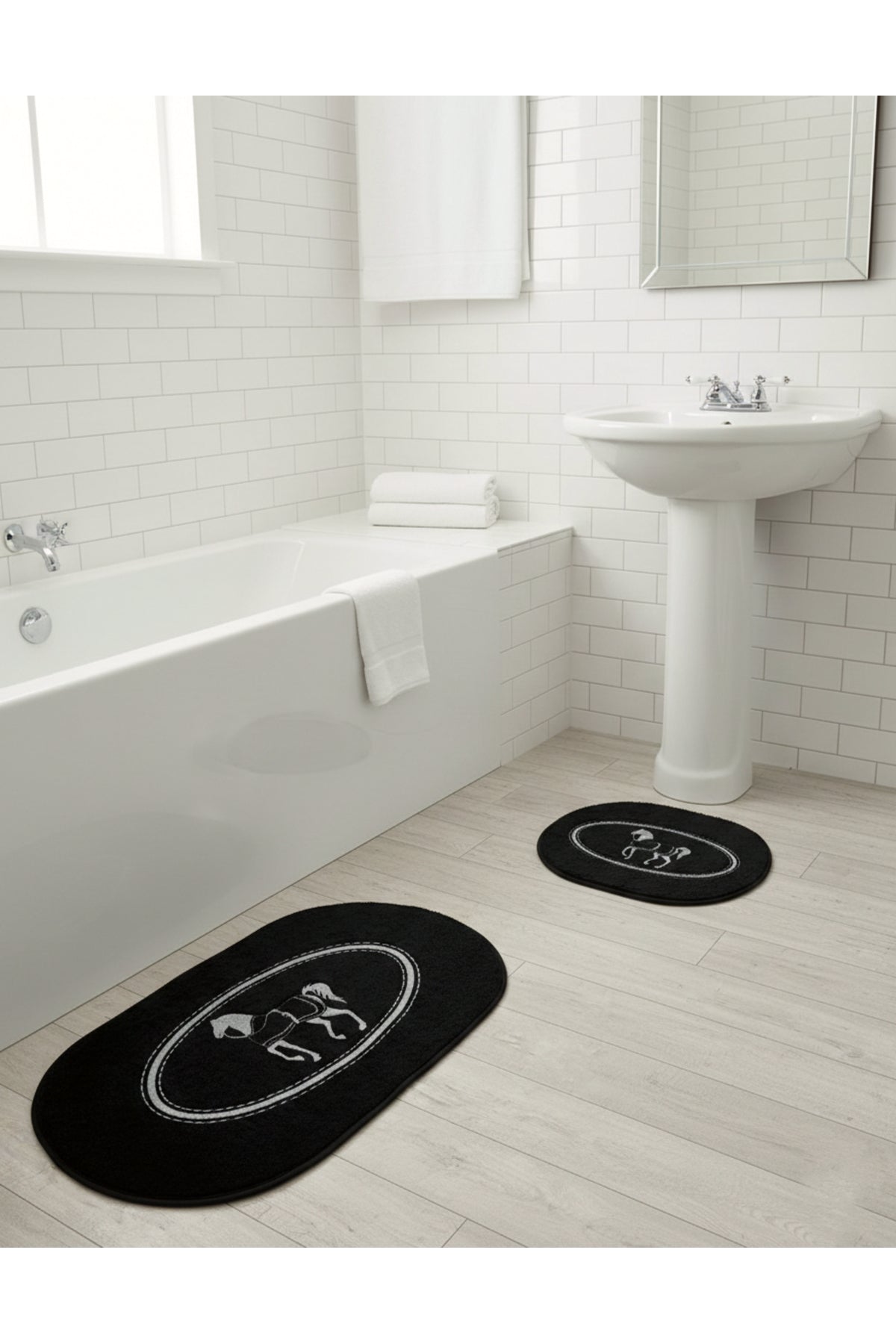 Siyah At Desen Horse Desenli 2'li Deri Taban Banyo Paspas (60x100 - 60x50)