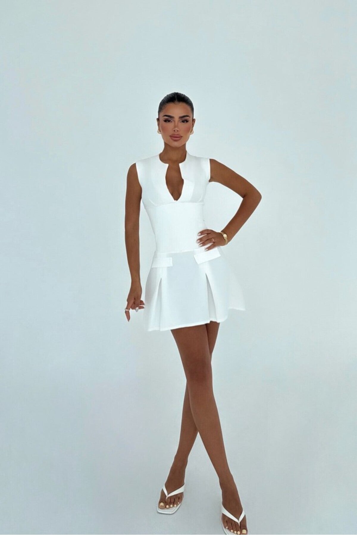 Beyaz Frilly Mini Elbise ATE-3010