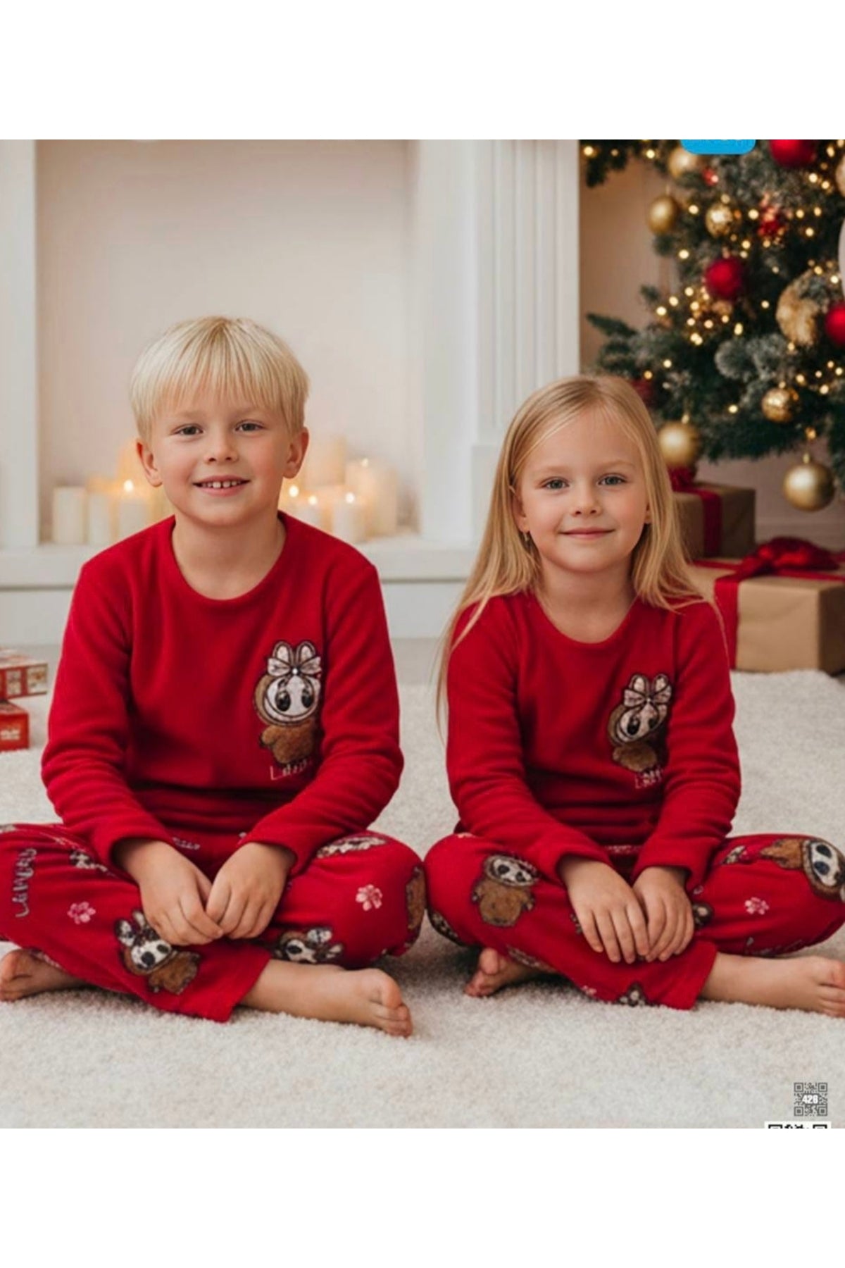 Kız ve erkek çocuk unisex labubu desenli Pamuklu kışlık kumaş polar pijama takımı