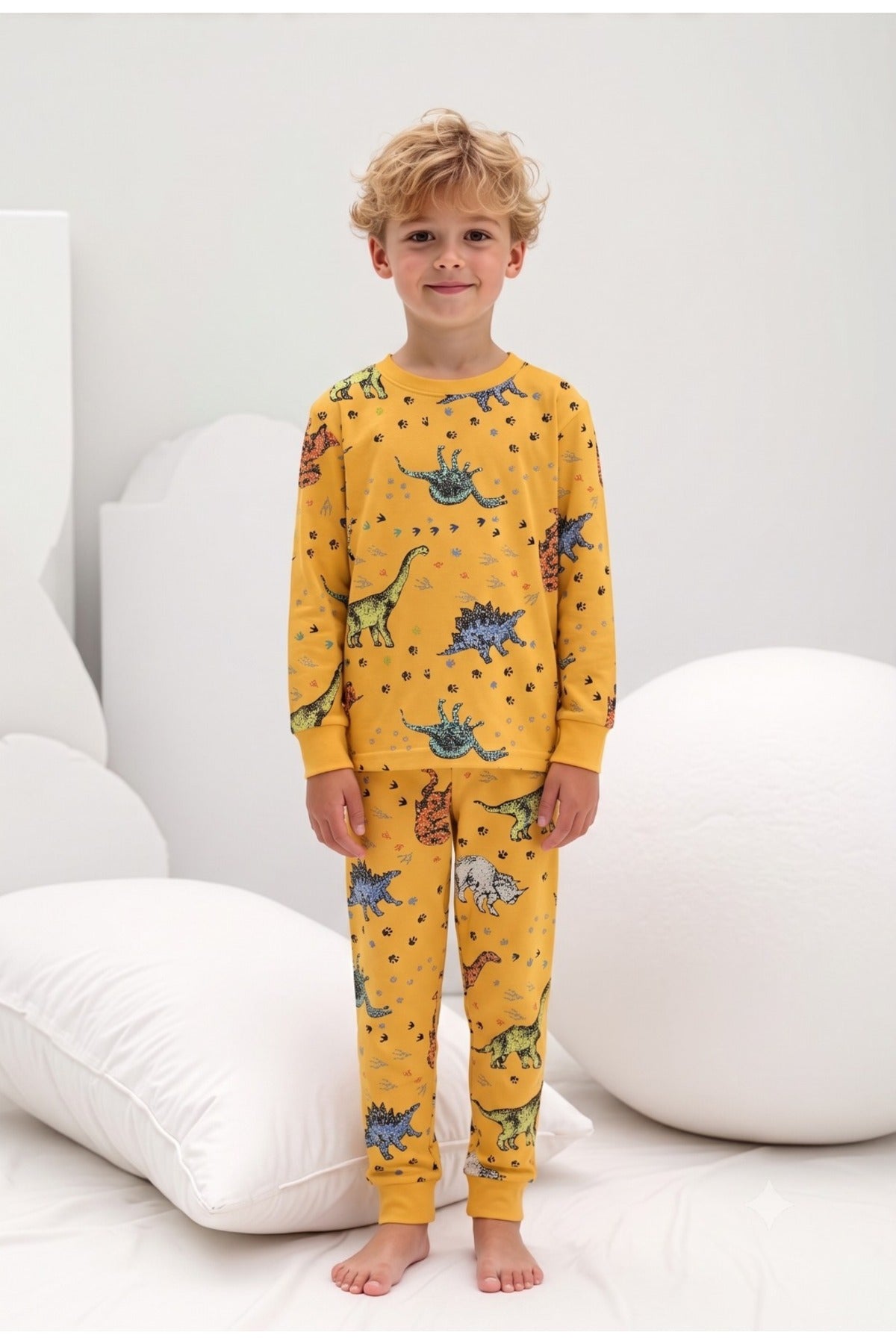 Erkek çocuk %100 pamuklu sarı dinozor desenli yumuşacık uzun kollu pijama takımı