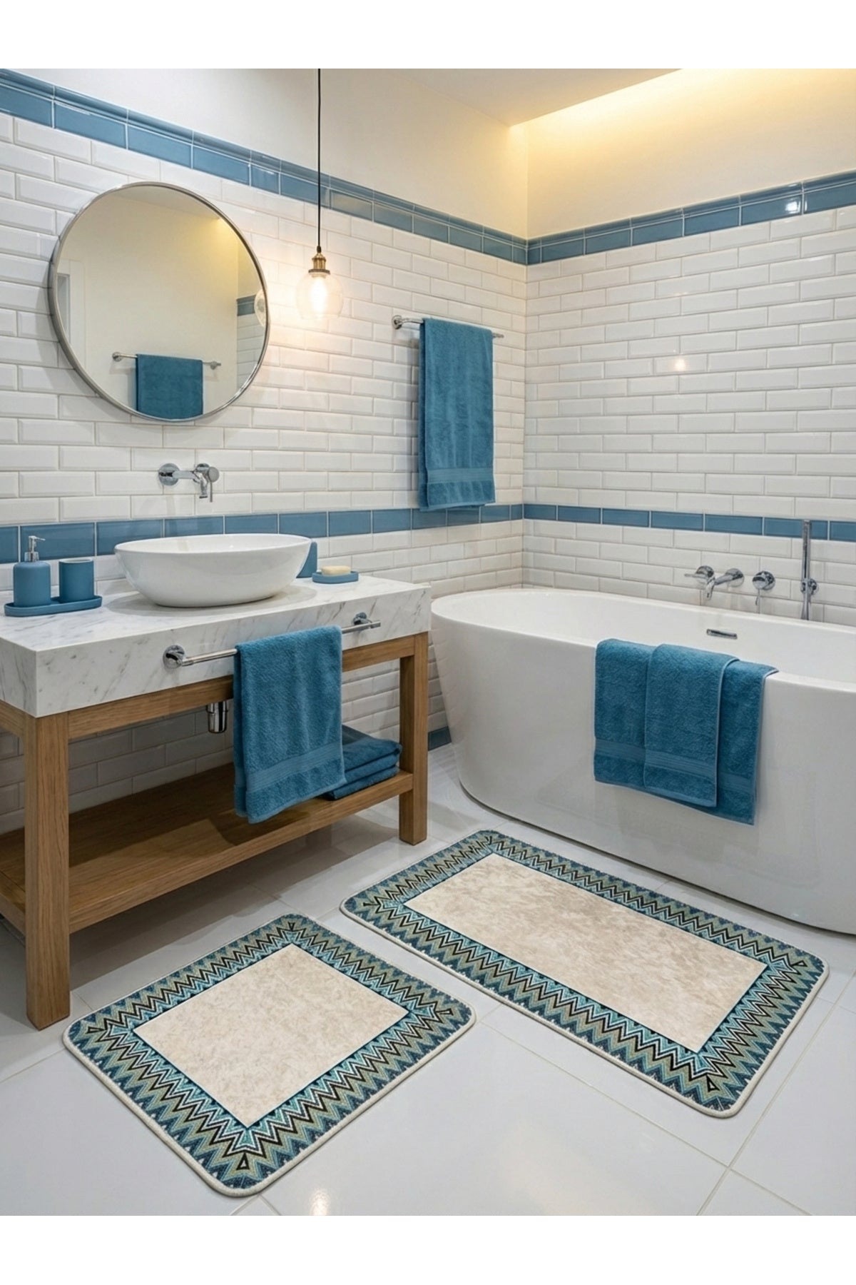 Mint Yeşil - Zigzag Desenli Deri Taban 2 li Banyo Paspas (60x100 - 60x50)