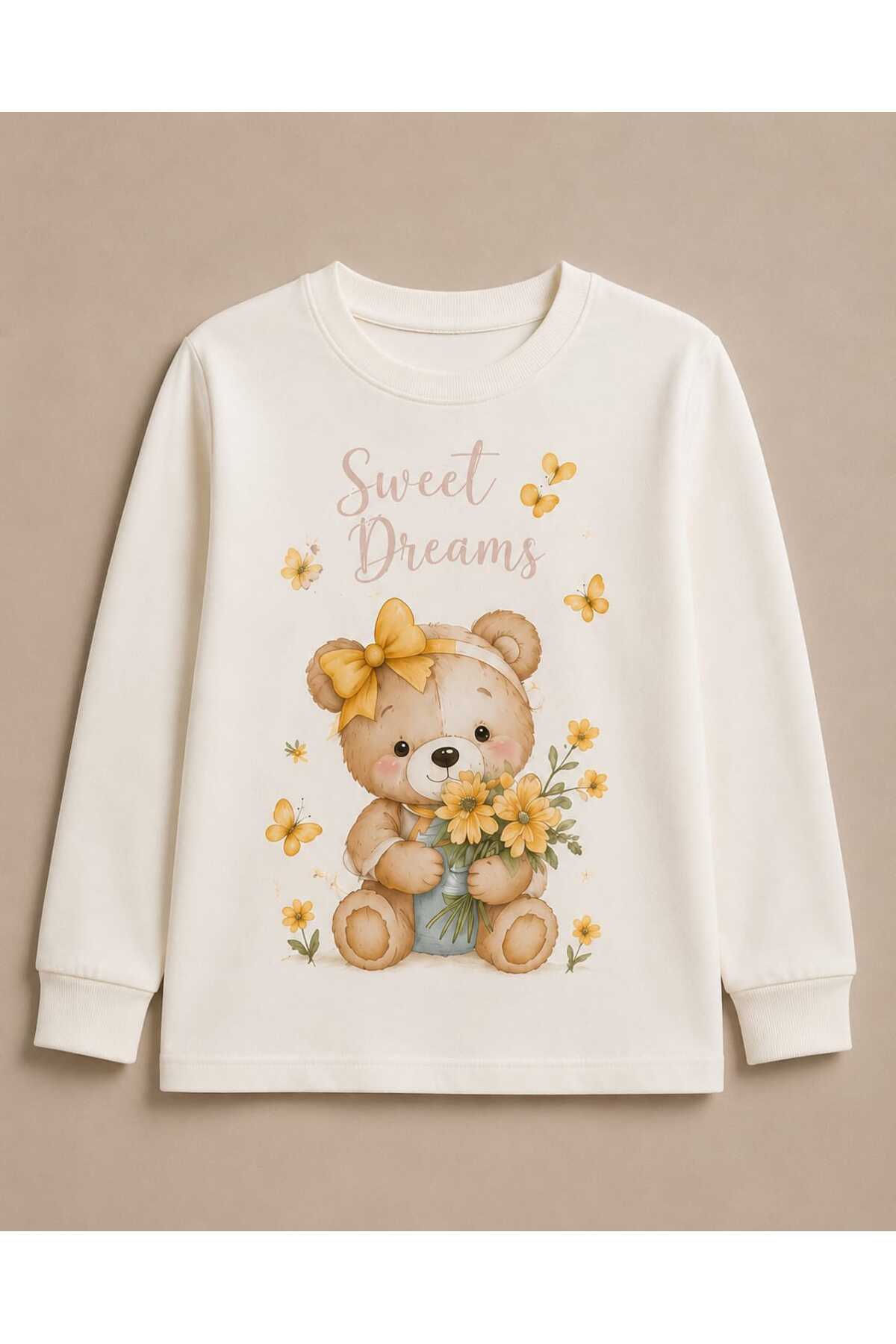 Kız çocuk ayıcık ve çiçek desenli %100 pamuklu uzun kollu pijama takımı