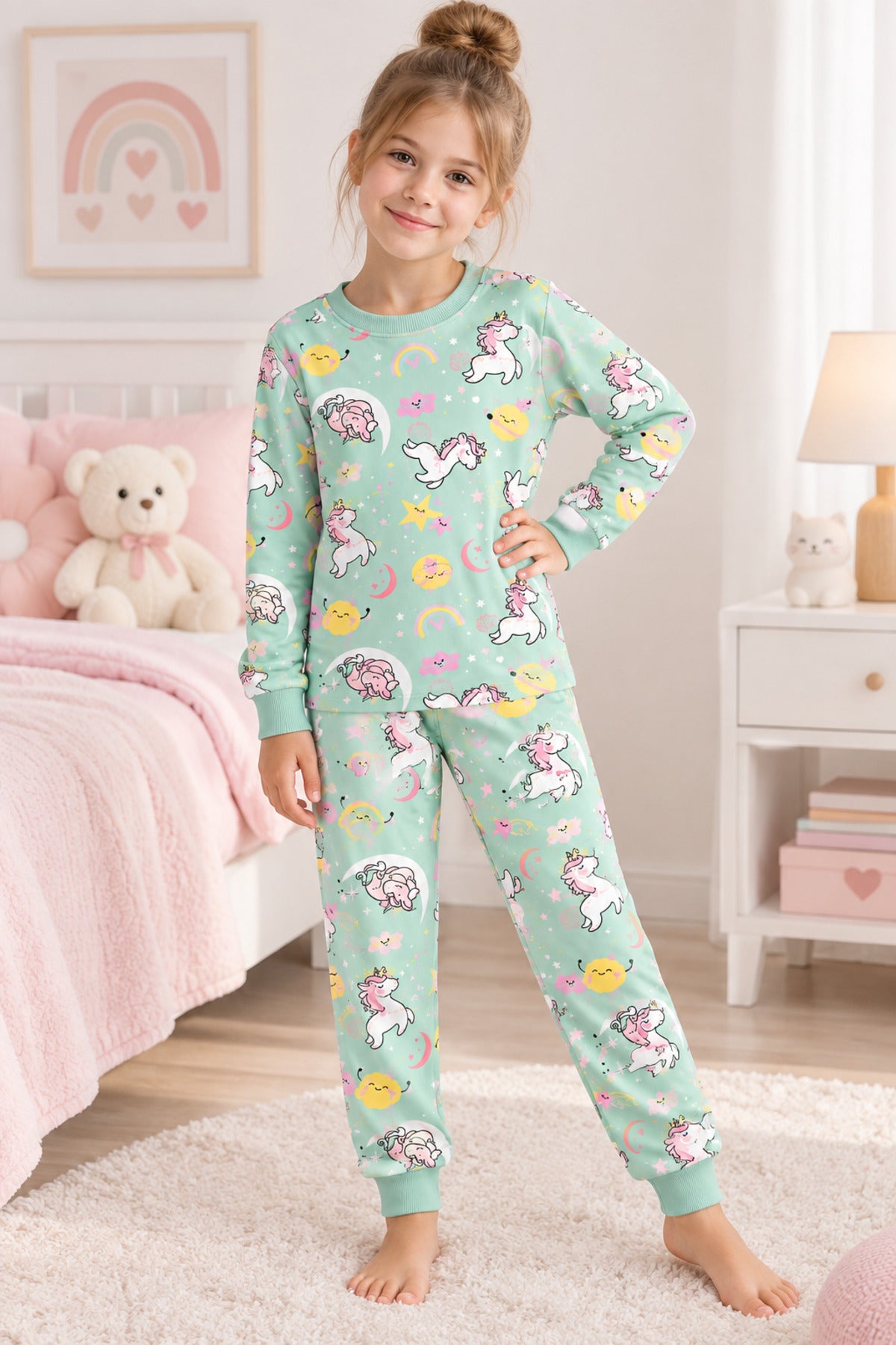 Kız çocuk %100 pamuklu unicorn desenli turkuaz rengi uzun kollu pijama takımı