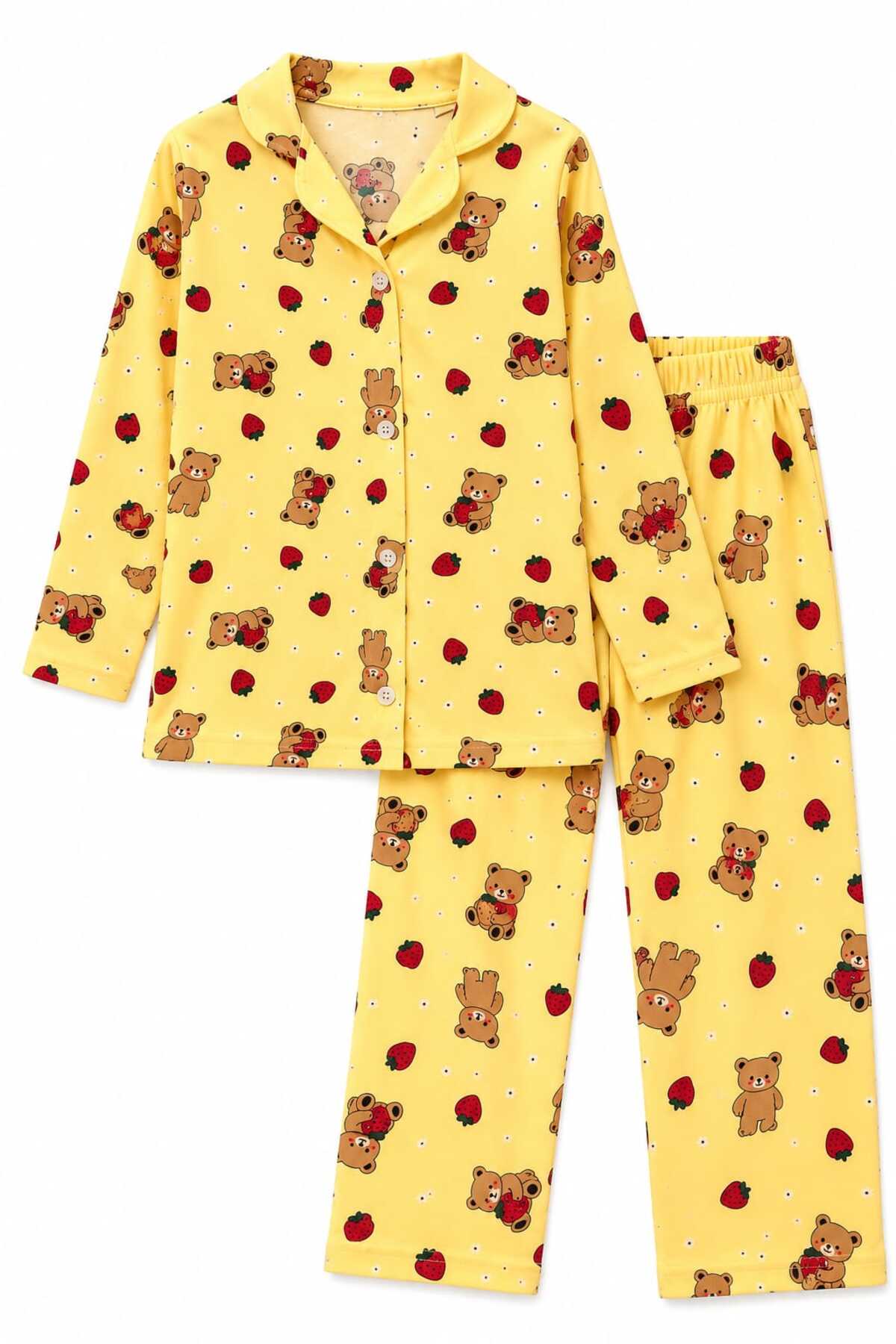Kız çocuk pamuklu düğmeli uzun kollu pijama takımı