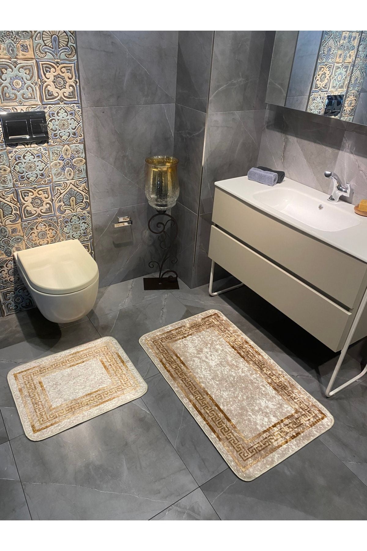 Bordürlü Desenli 2'li Lateks Deri Taban Banyo Paspas Takımı (60X100 - 60X50) Siyah