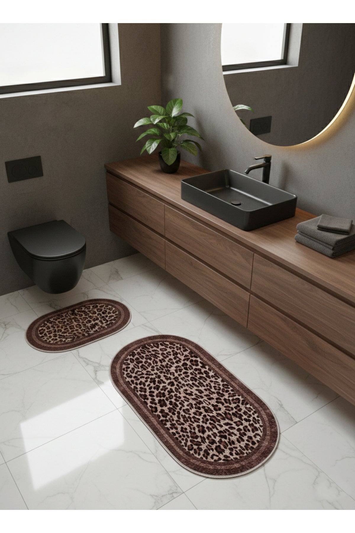 Lepoar Desenli 2 li Deri Taban Oval Banyo Paspas (60x100 - 60x50)