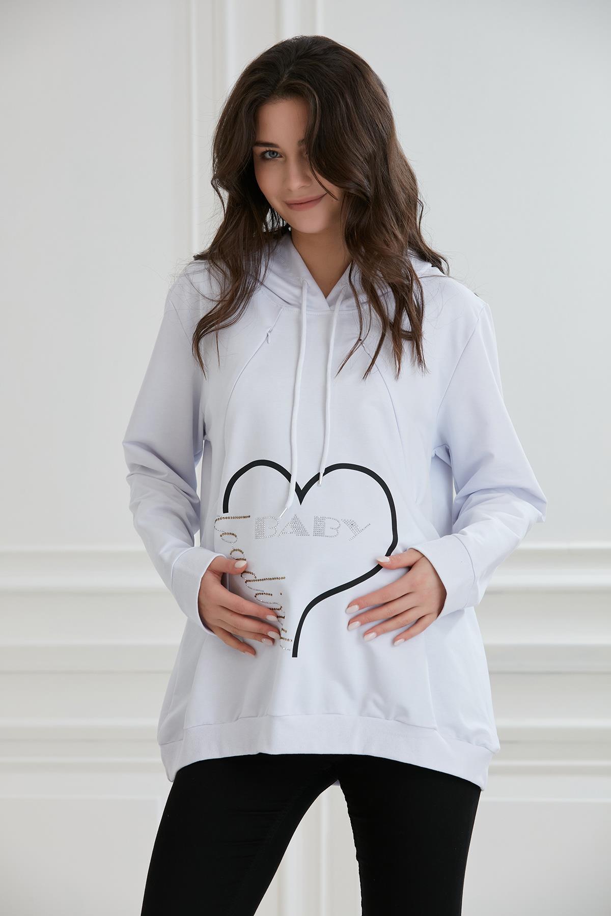 8626-taşlı Baskı Emzirme Detay Hamile Sweatshirt