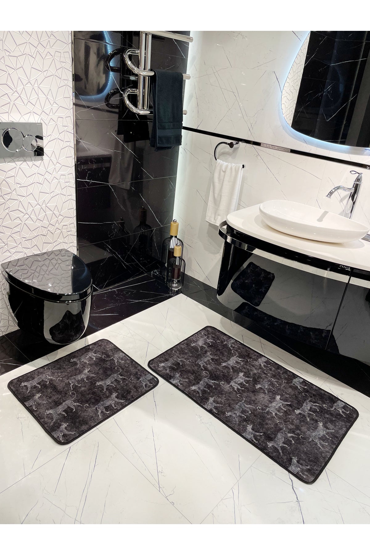 2'li Lateks Deri Taban Banyo Paspas Takımı (60X100 - 60X50) KoyuGri