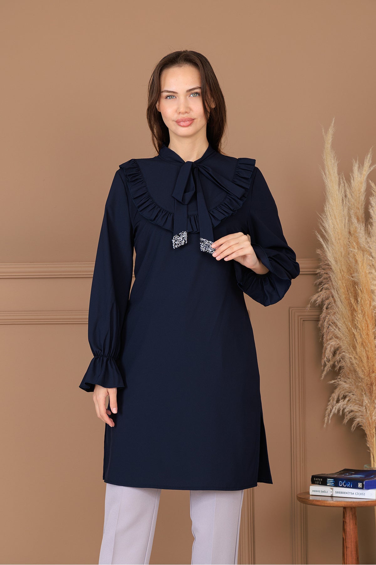 Azel Tesettür Tunik Pantolon İkili Takım, Taş Detaylı, Kravatlı, Yırtmaçlı