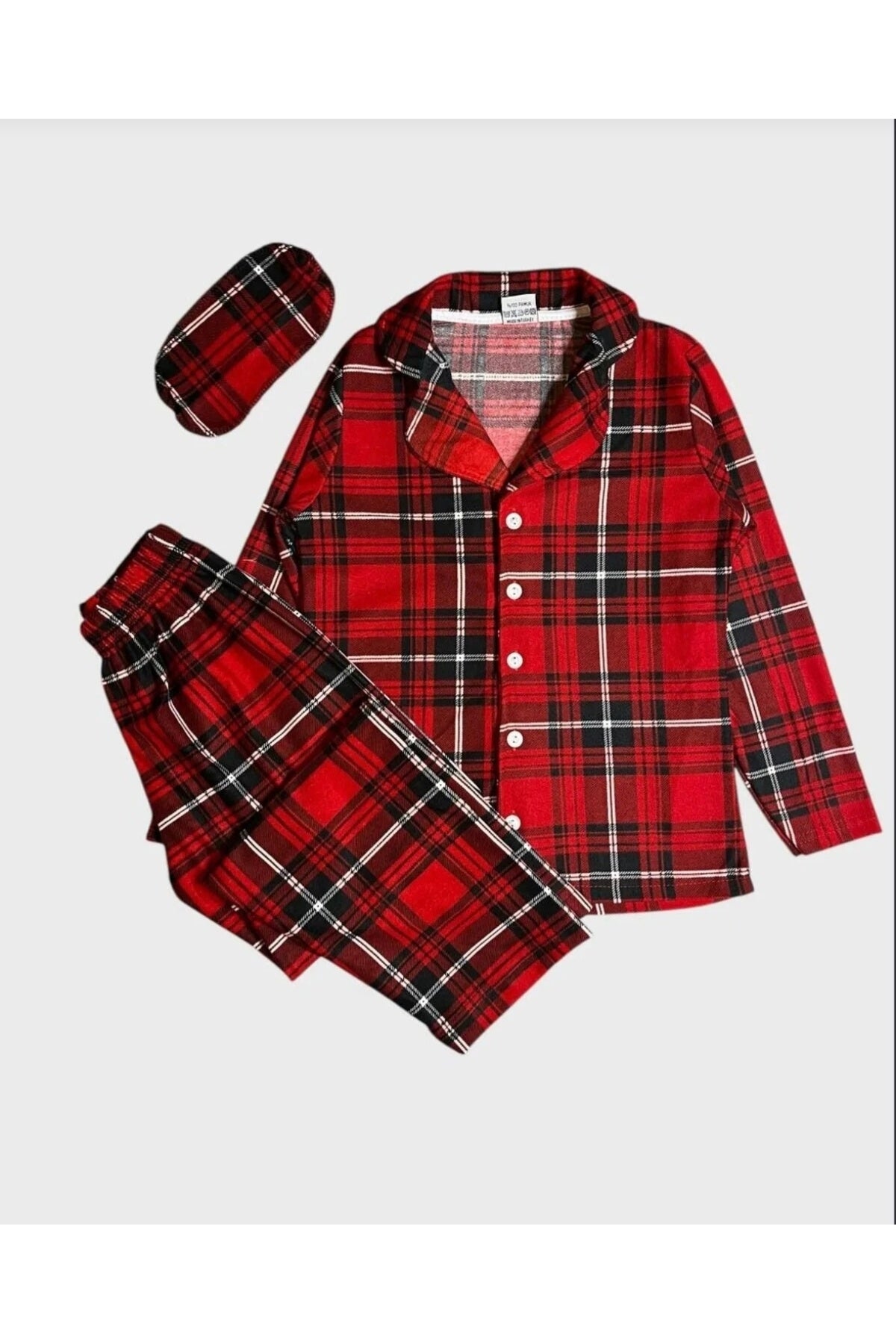 Erkek çocuk ekose süet pamuklu düğmeli gömlek yaka pijama takımı