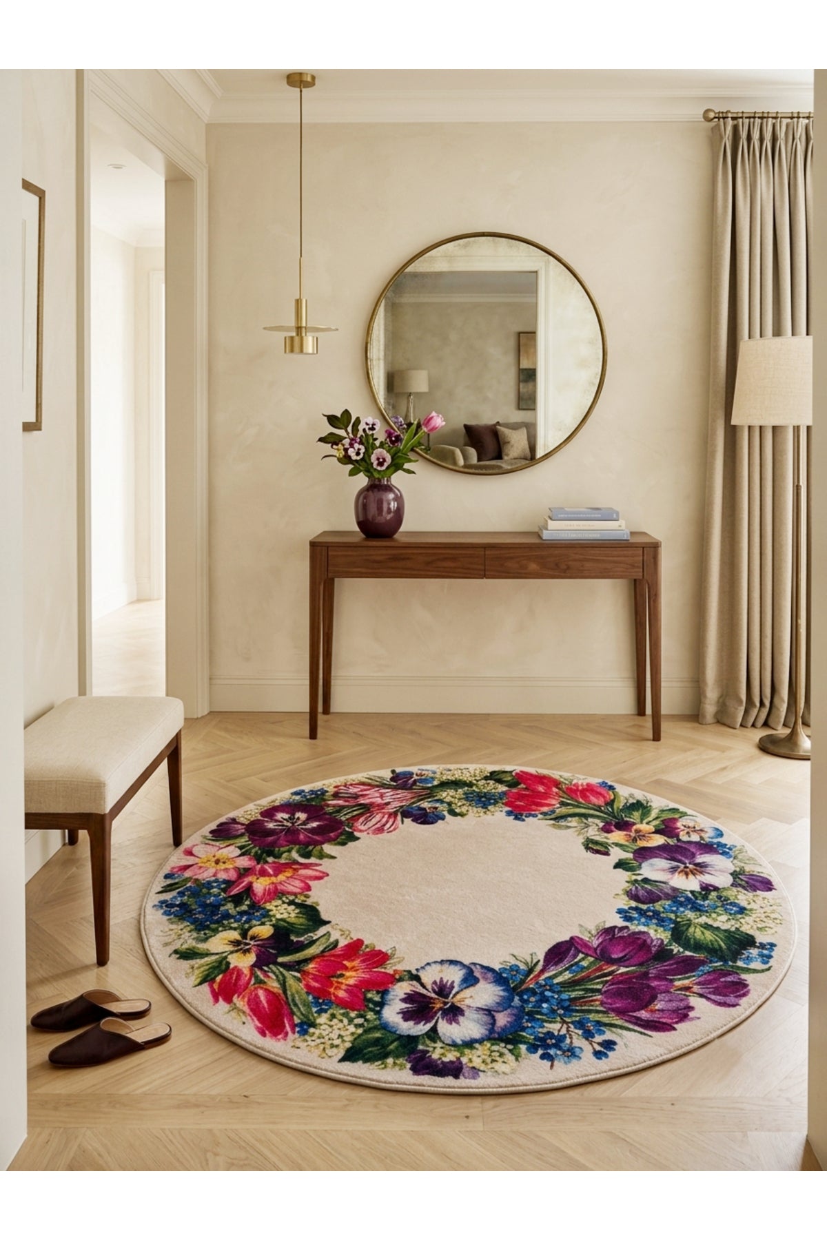 Floral Çiçek Desenli Lateks Taban Antre Mutfak Halısı