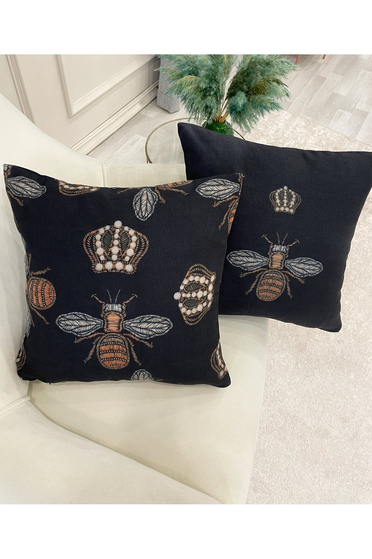 2 Ii Kraliçe Arı İşleme Görünüm Dokuma Kumaş Kırlent Kılıfı 45x45