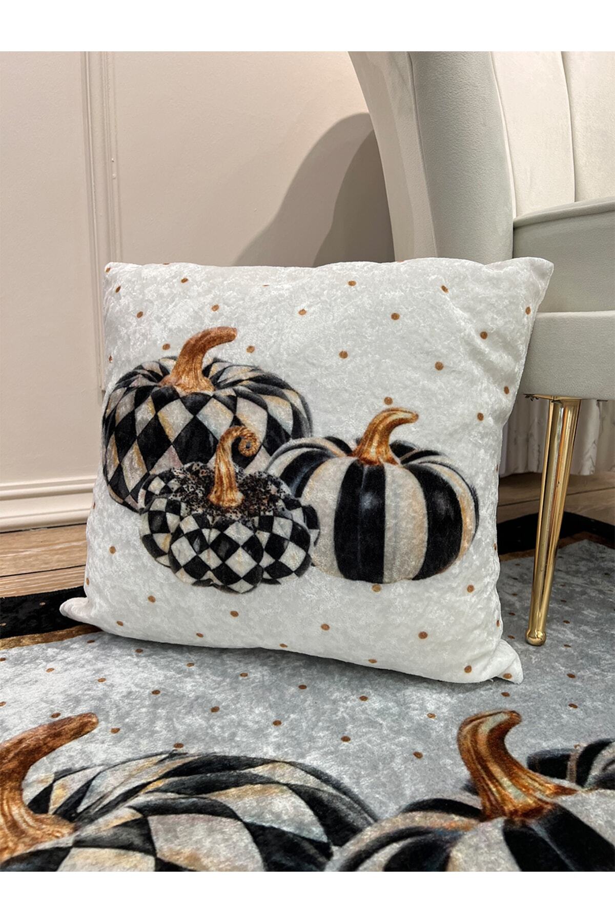 %100 Kadife Bal Kabağı Desenli Kırlent Yastık Kılıfı Gri - 45x45