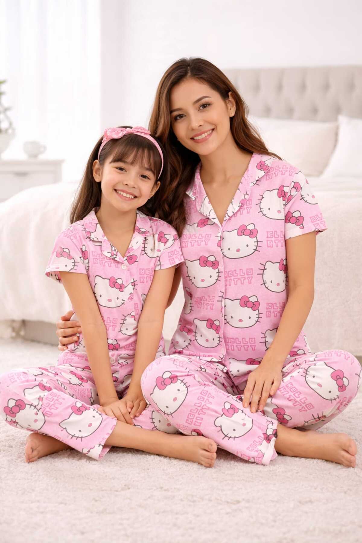 Anne kız pamuklu düğmeli gömlek yaka yazlık kısa kollu pijama takımı