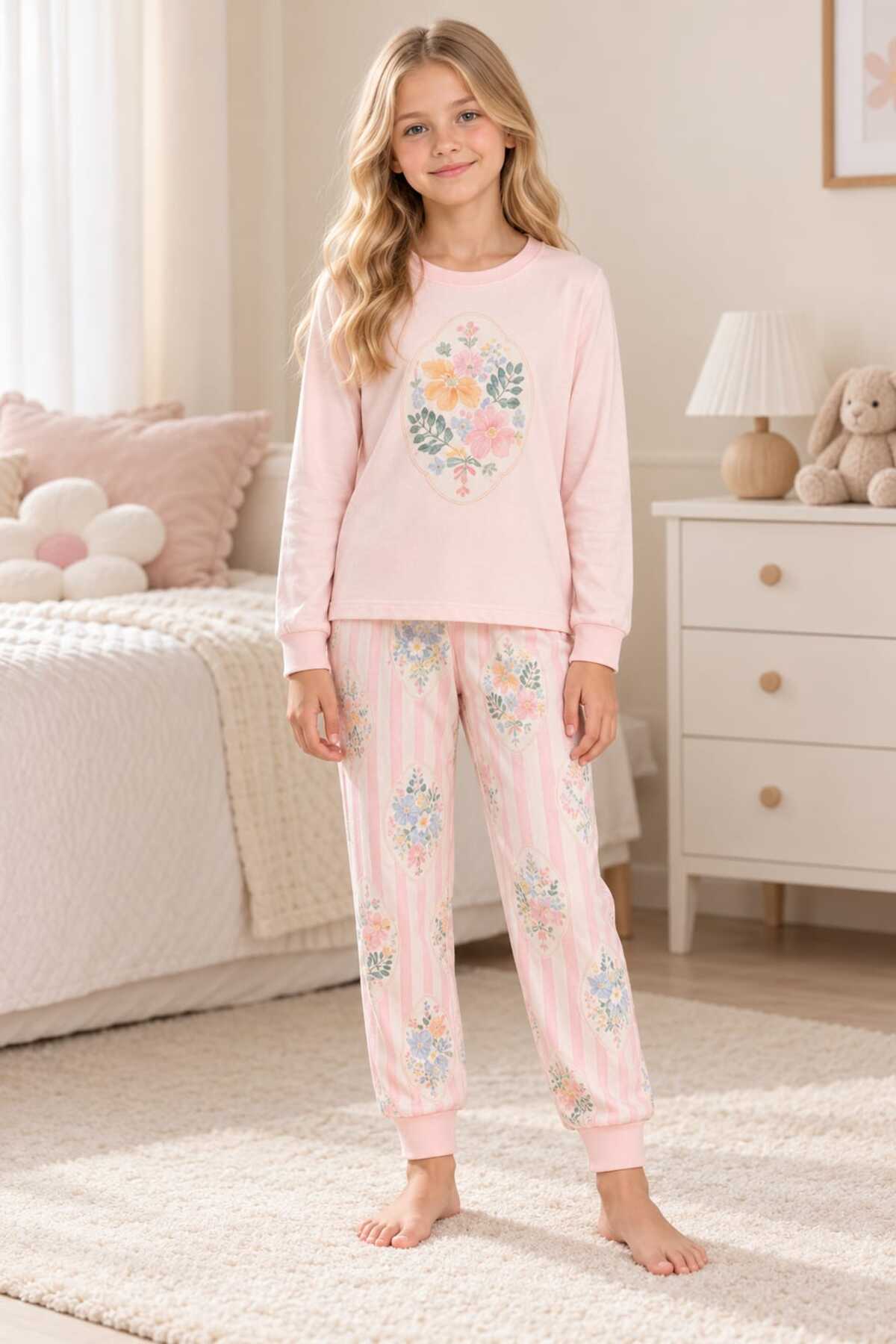 Kız çocuk %100 pamuklu özel tasarım çiçek desenli pijama takımı