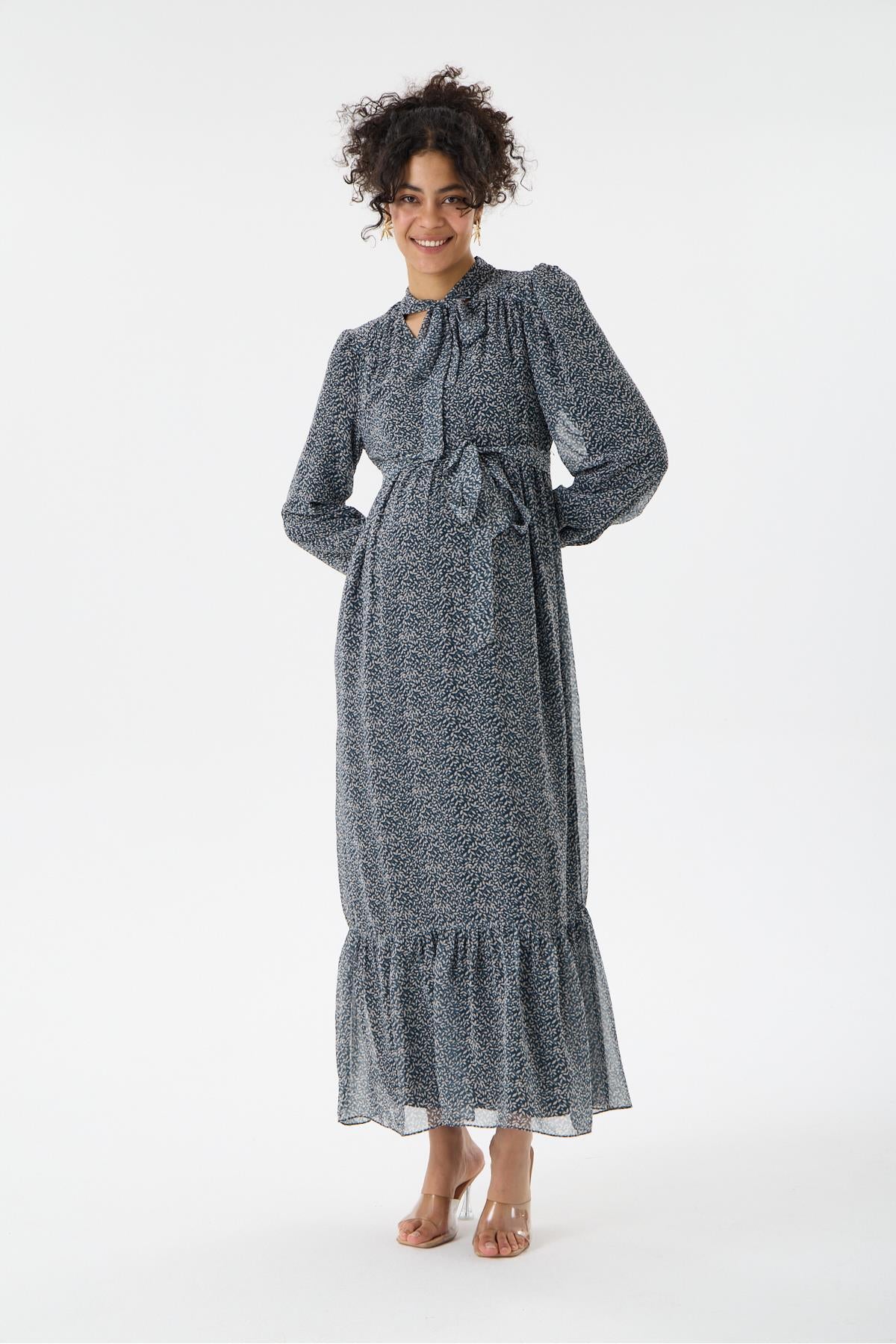 M0015-Yaka Bağlamalı Çiçek Desen Maxi Hamile Elbise