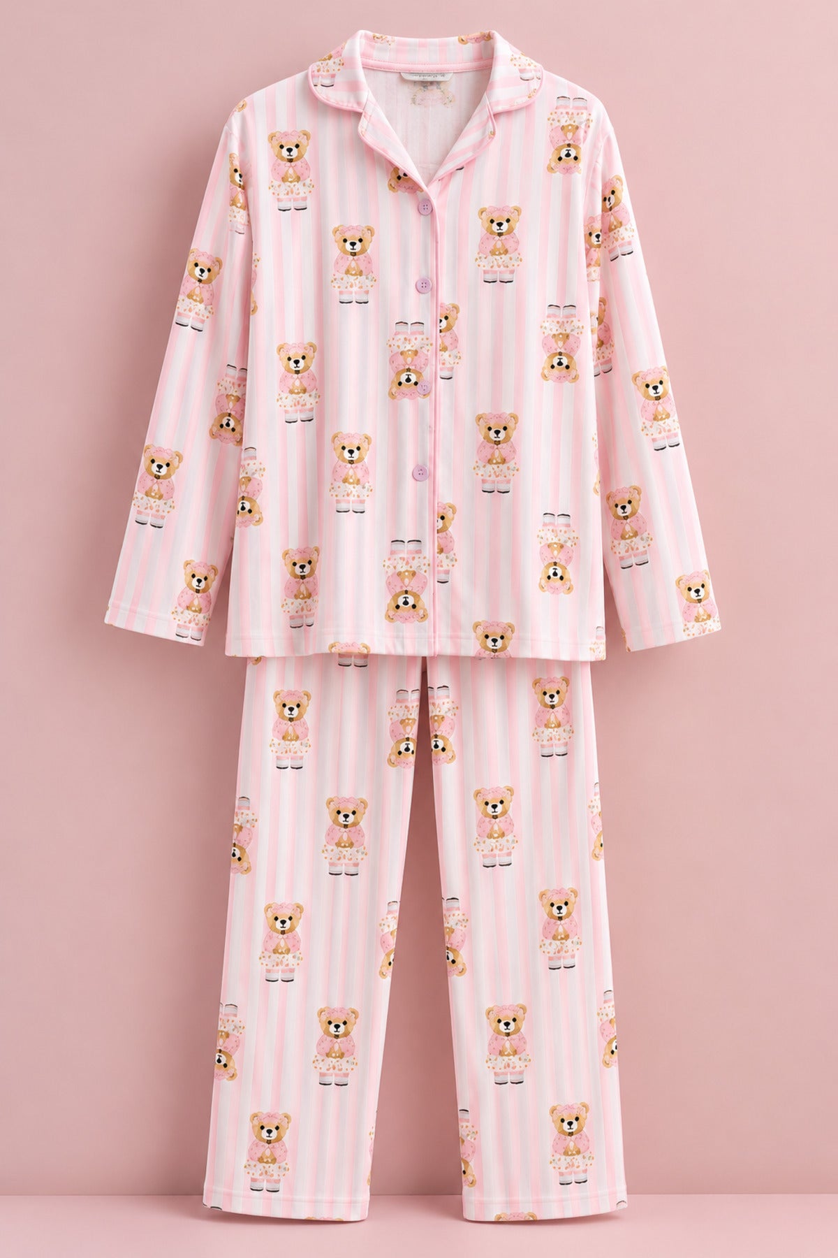 Kız çocuk mevsimlik şardonlu uzun kollu düğmeli pijama takımı