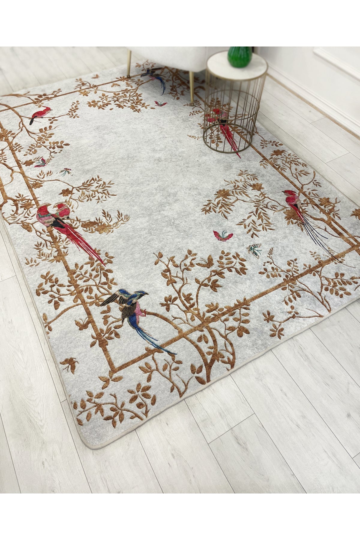 GRİ- Nakış İşleme Görünümlü Kuşlu Lateks Taban Yolluk Halı