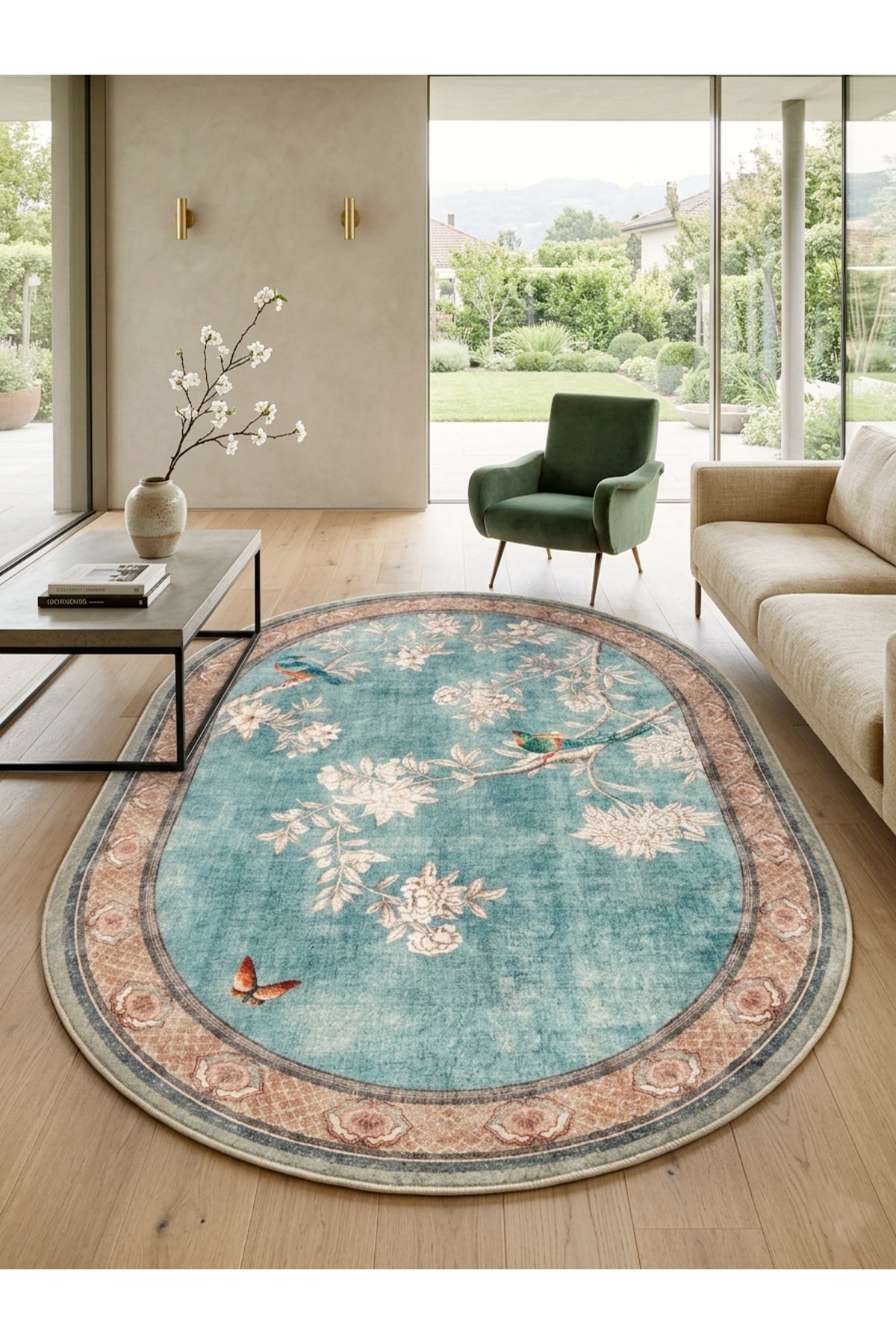 Soft Mavi Kuş Desenli Lateks Taban Oval Halı