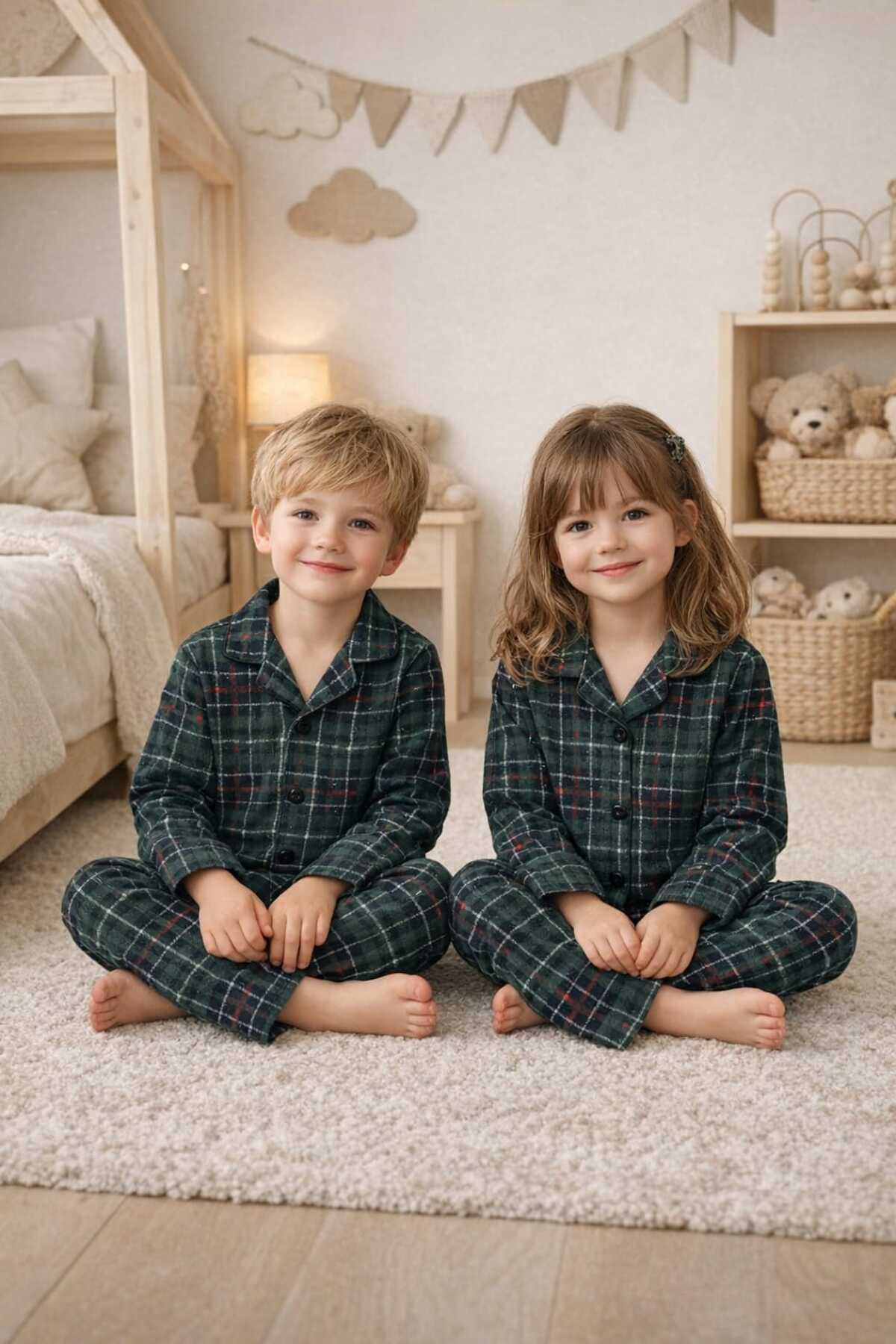 Kız ve erkek çocuk unisex model pamuklu düğmeli süet pijama takımı