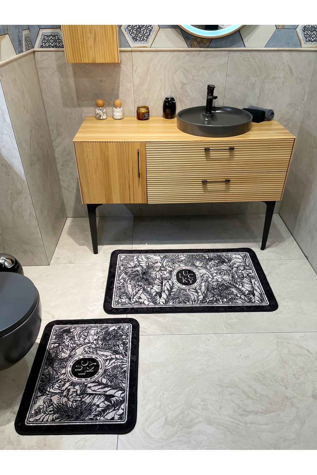 2 li Çiçek Desenli 60x100 - 60x50 Lucky Lateks Taban Banyo Paspas