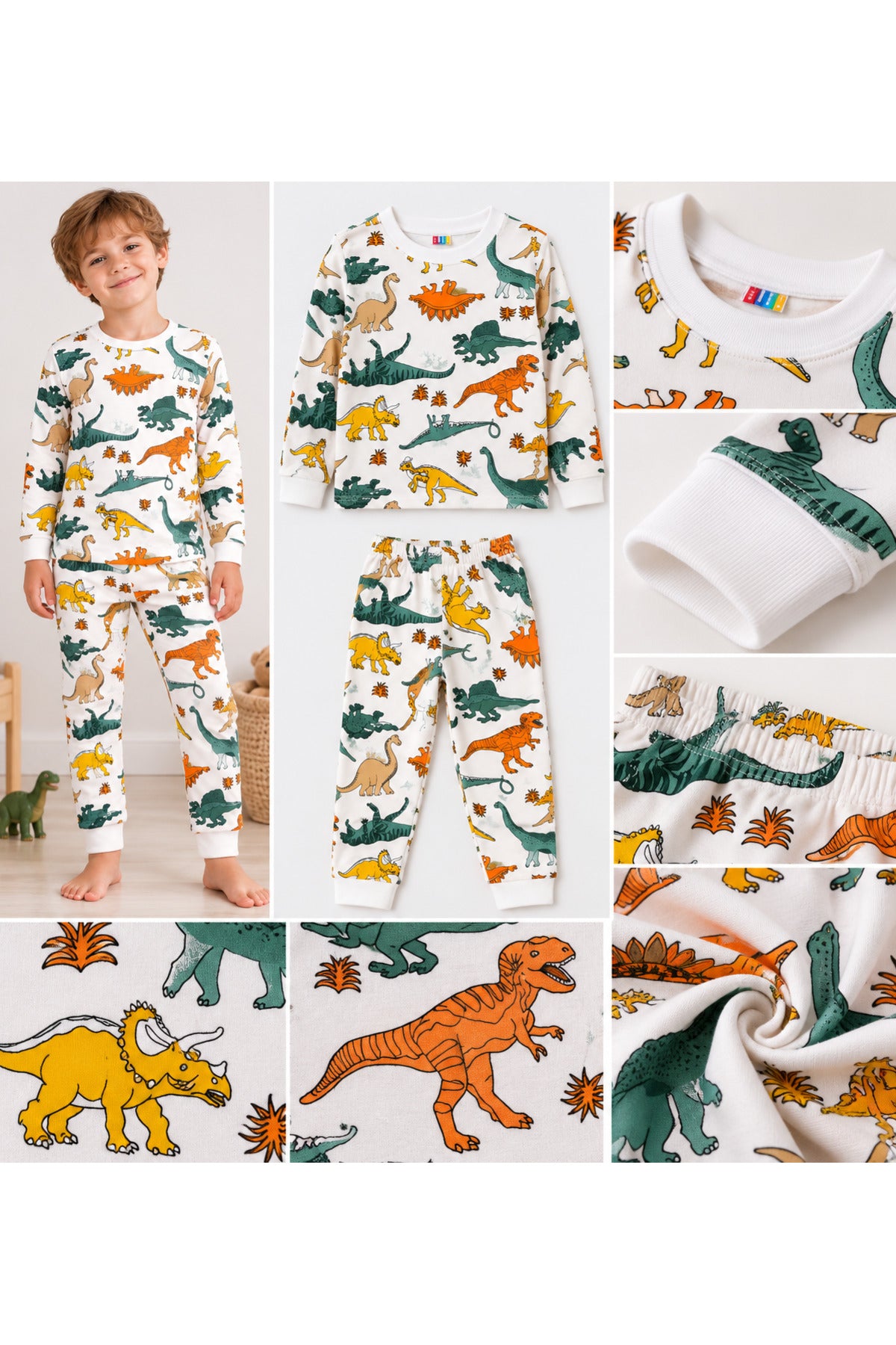Erkek çocuk %100 pamuklu renkli dinozor desenli uzun kollu pijama takımı