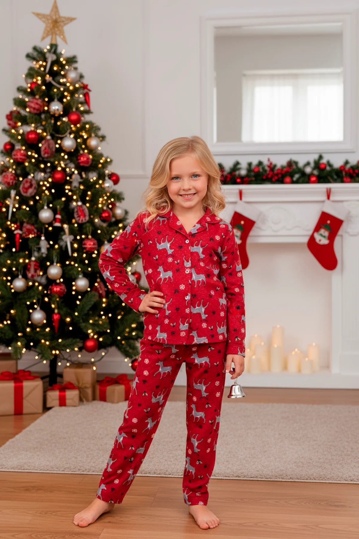 Kız çocuk yılbaşı temalı düğmeli pamuklu pijama takımı