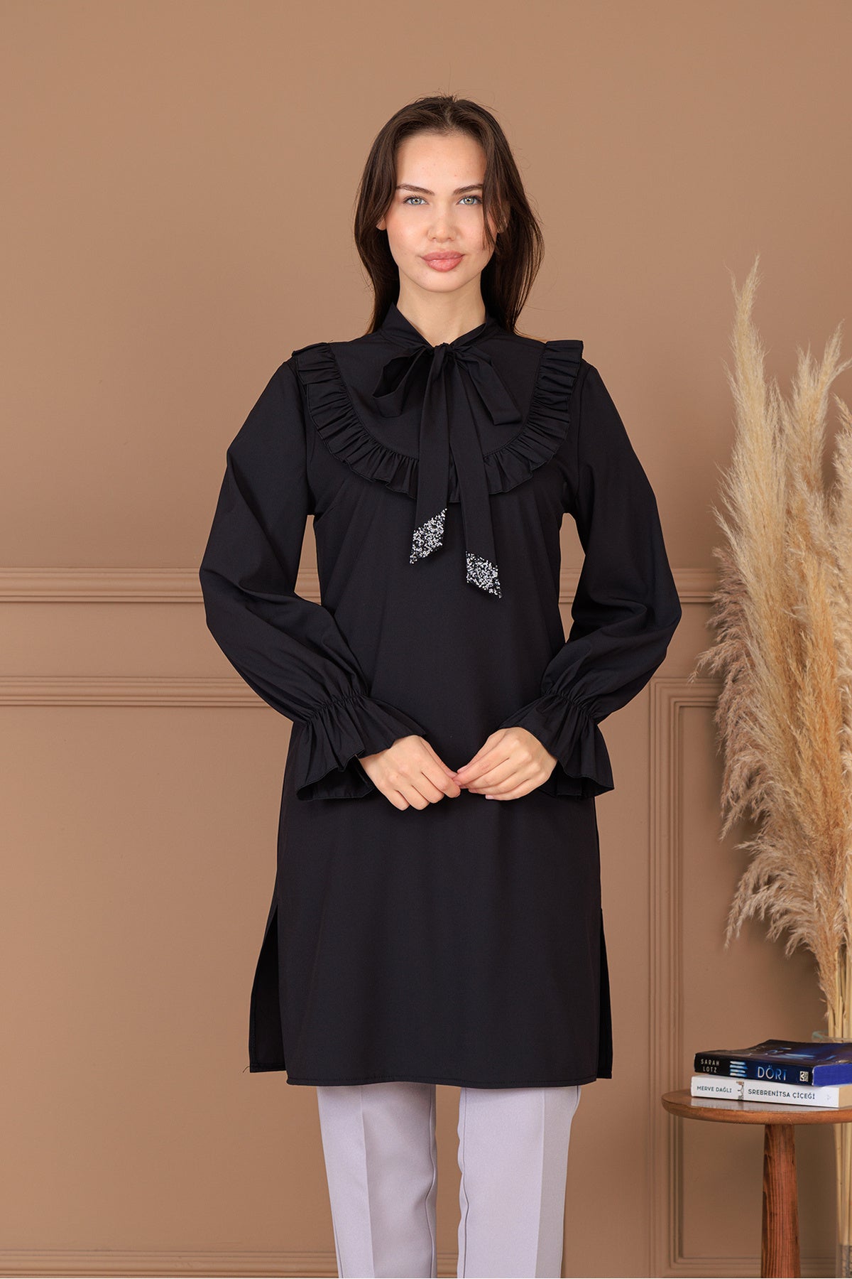 Azel Tesettür Tunik Pantolon İkili Takım, Taş Detaylı, Kravatlı, Yırtmaçlı