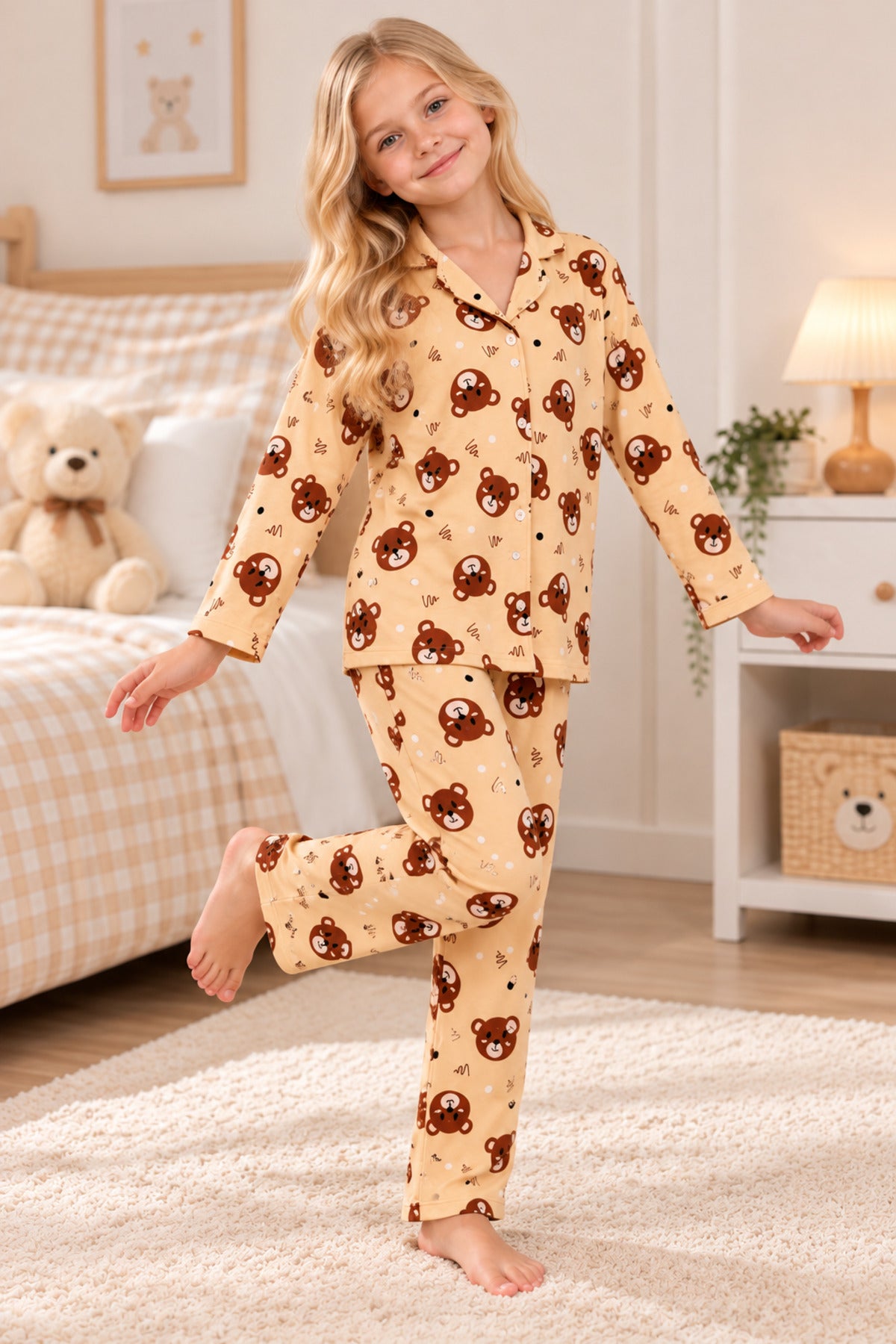 Kız çocuk pamuklu düğmeli uzun kollu pijama takımı