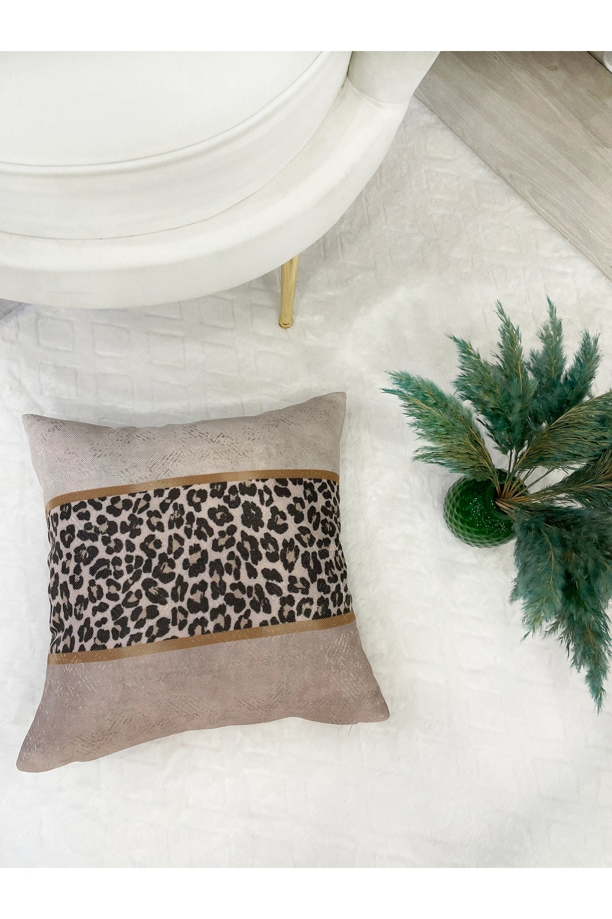 Leopar Desenli Keten Görünümlü Kırlent Kılıfı  - 45x45