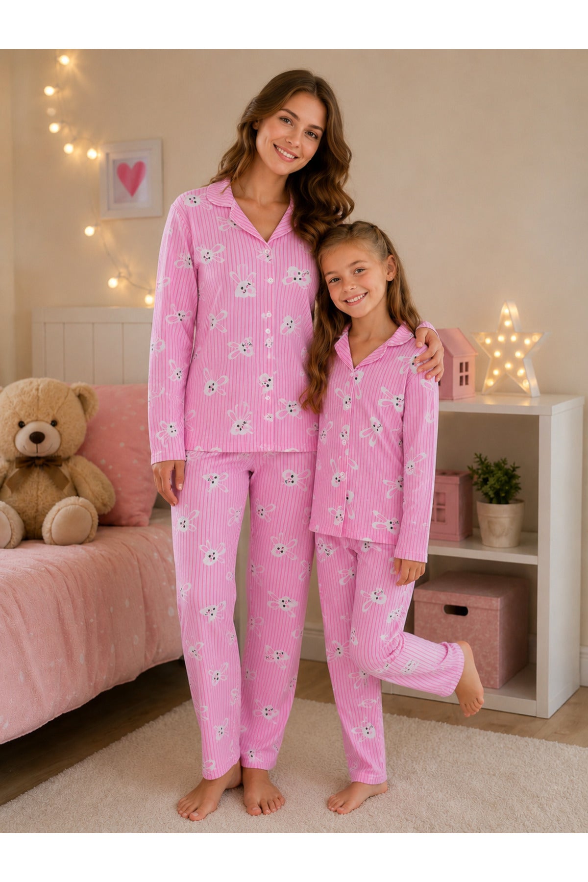 Anne kız pamuklu düğmeli uzun kollu pijama takımı ( tek takım fiyatıdır ayrı ayrı sepete ekleyip alabilirsiniz