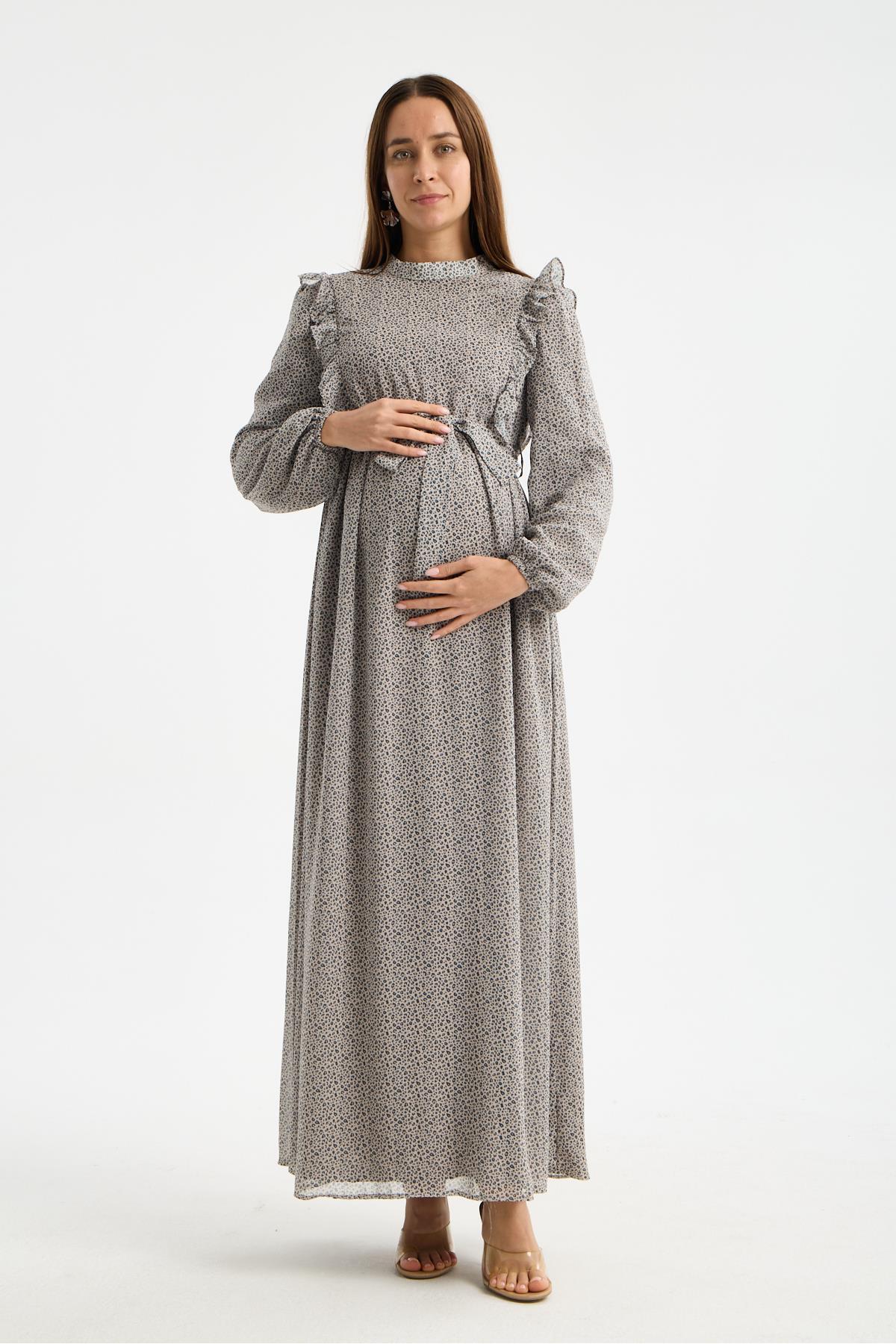 M0024-Hakim Yaka Mini Leopar Desen Hamile Maxi Şifon Elbise