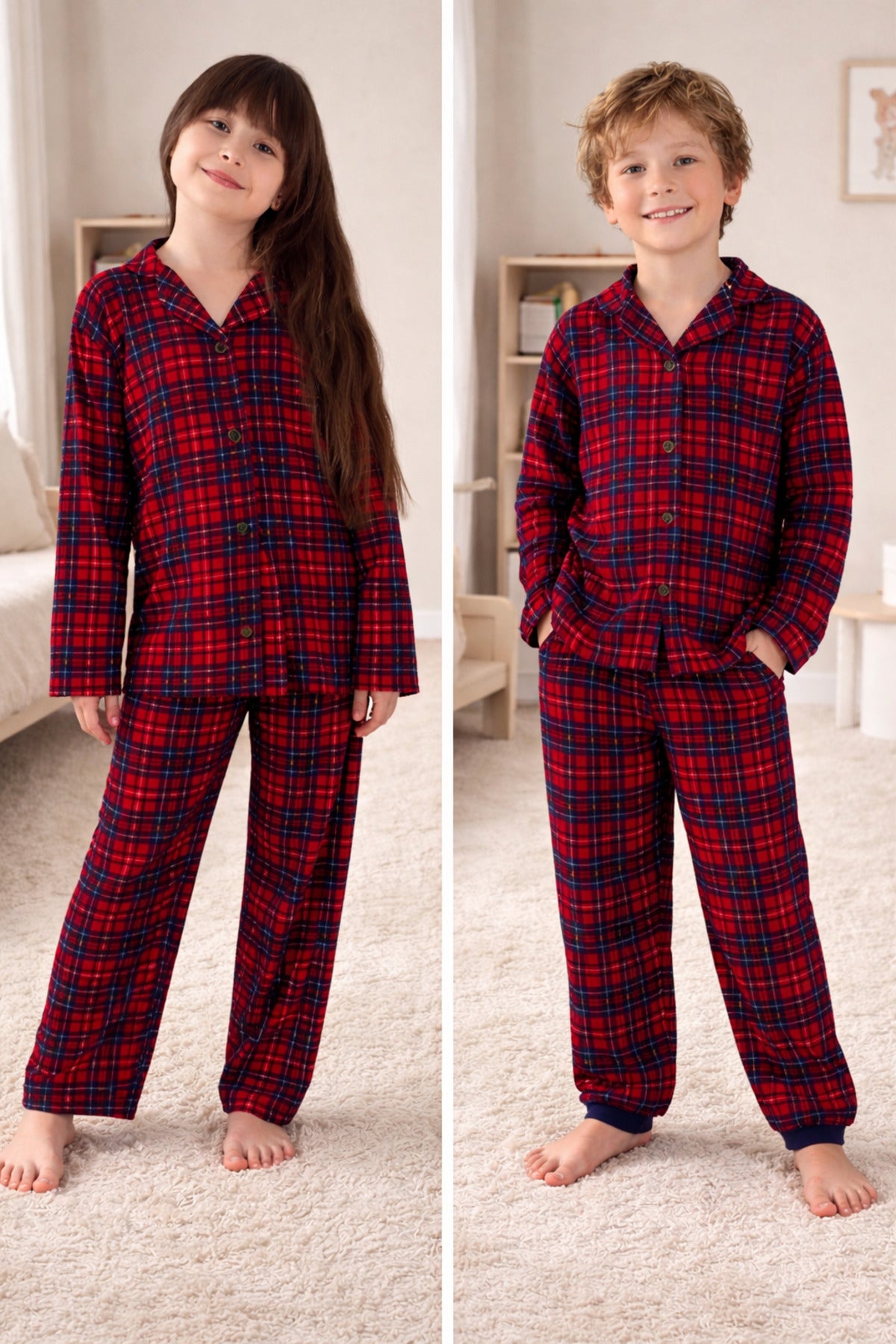 Kız ve erkek çocuk ekose desenli Pamuklu düğmeli pijama takımı