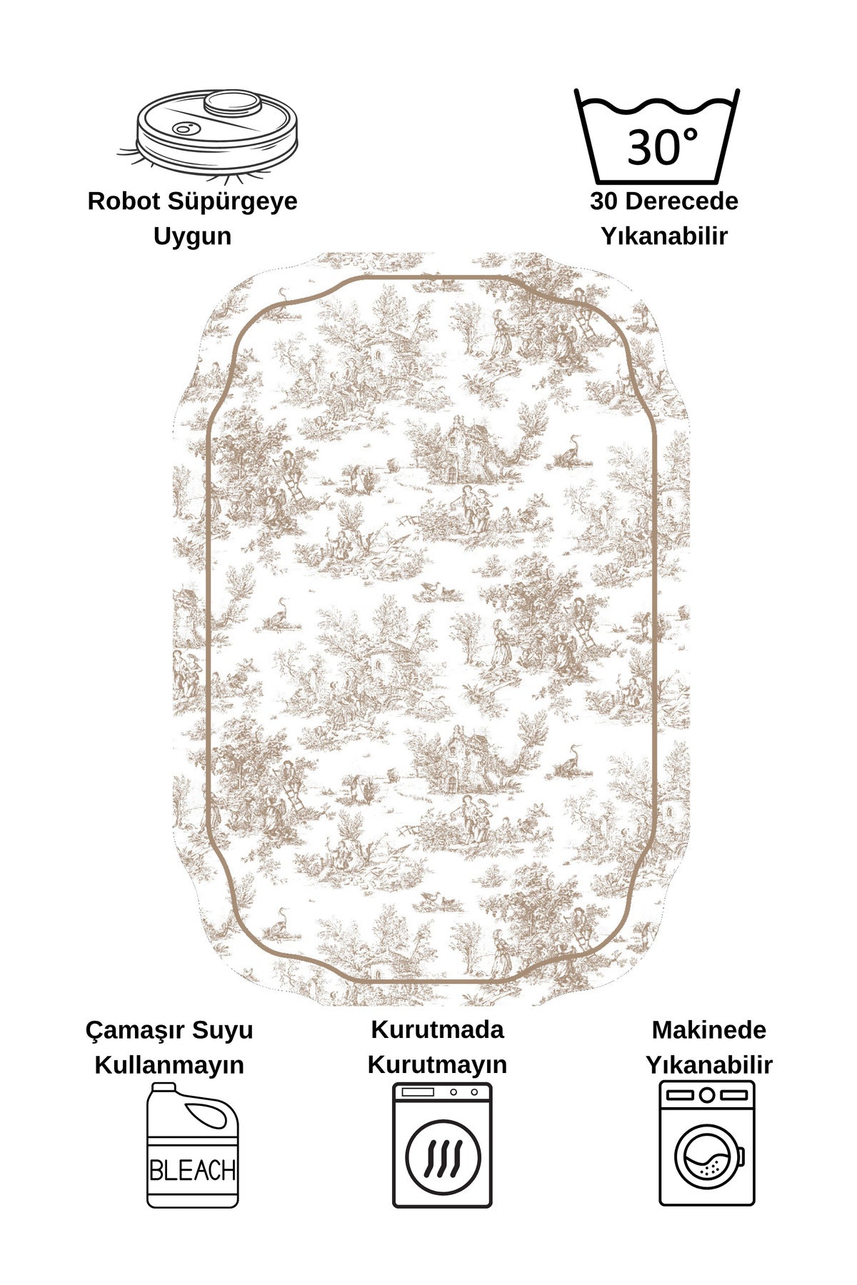 Toile de Jouy Temalı Tekli Lateks Taban Banyo Paspası (80X120)