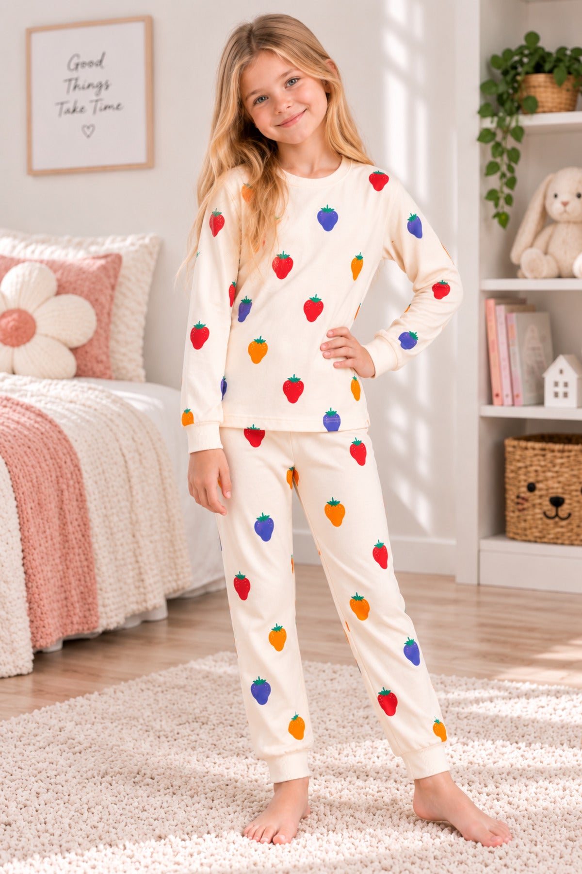 Kız çocuk %100 pamuklu rengarenk çilek desenli uzun kollu pijama takımı