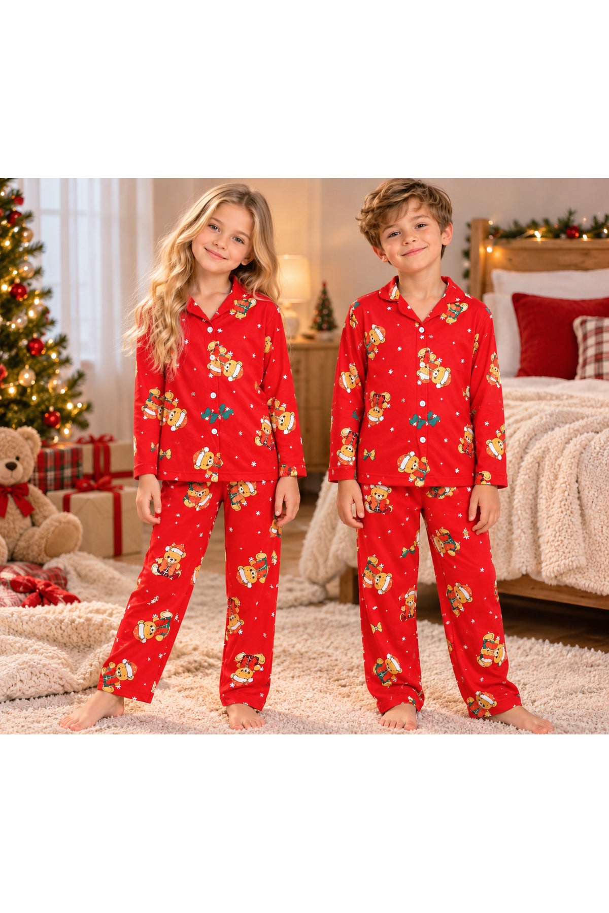 Erkek ve kız çocuk mevsimlik içi şardonlu uzun kollu yılbaşı pijama takımı