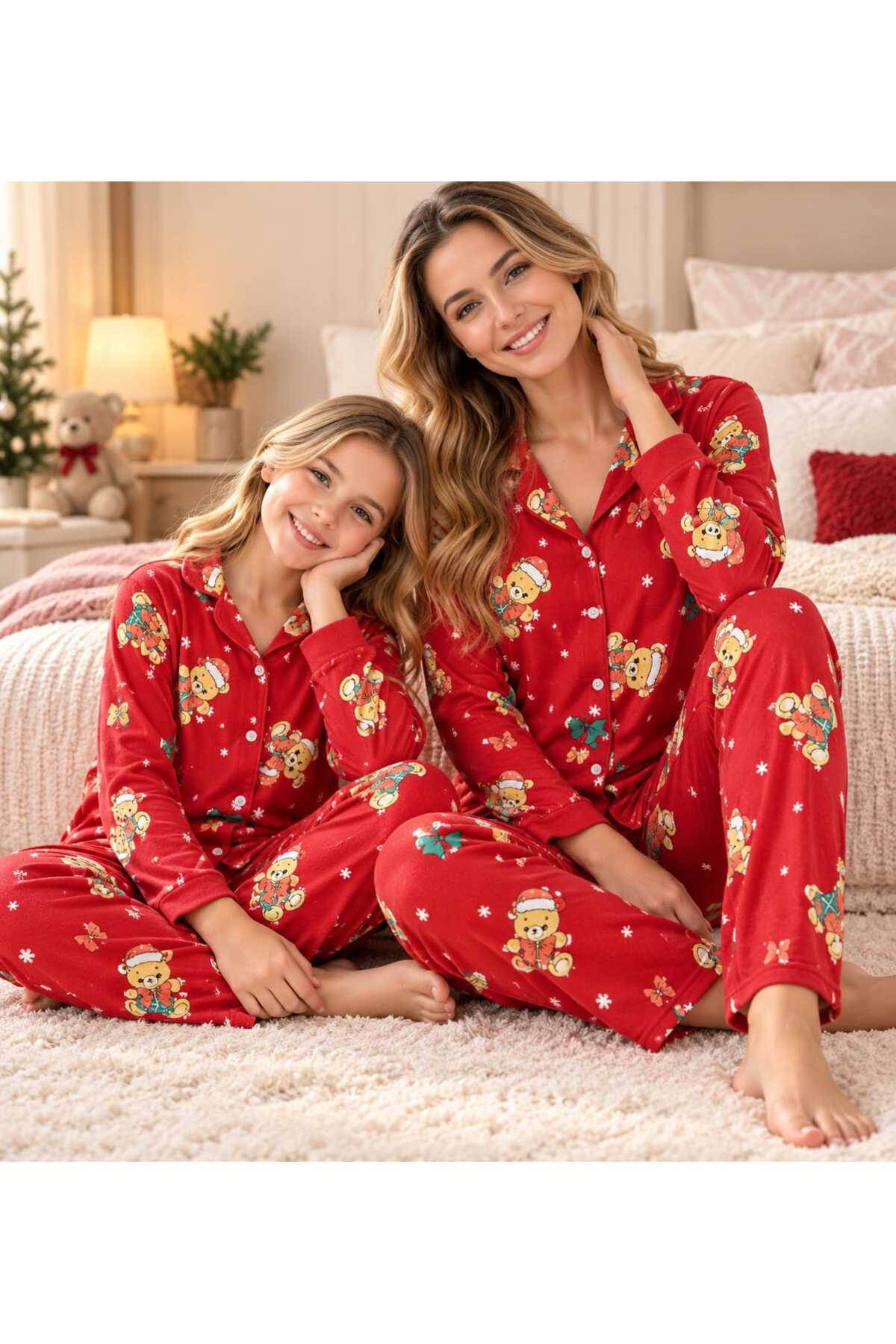 Anne kız kombin düğmeli uzun kollu pijama takımı ( ayrı ayrı satılmaktadır)