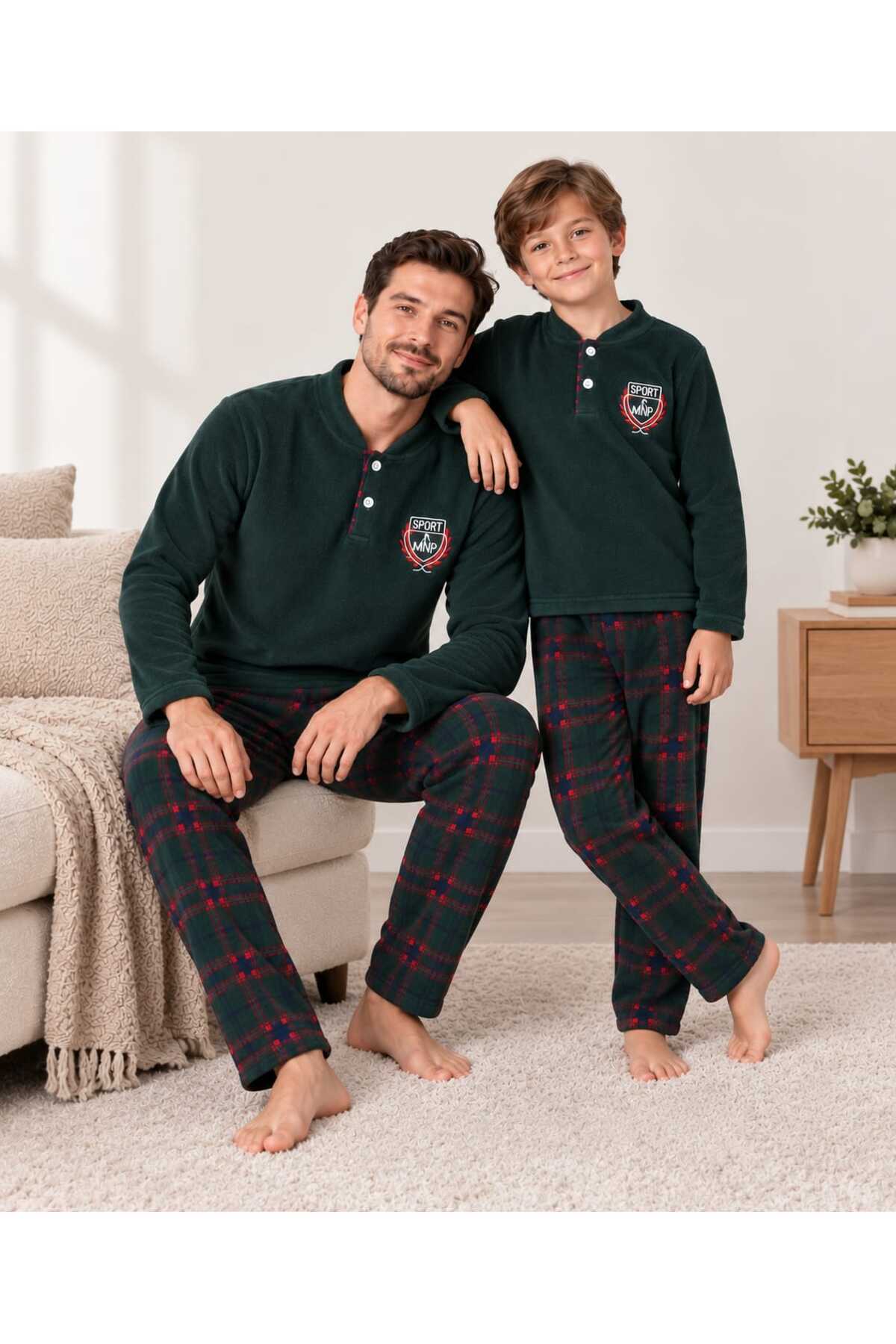 Baba ve erkek çocuk kombin pamuklu polar kışlık uzun kollu pijama takımı (tek takım fiyatıdır)